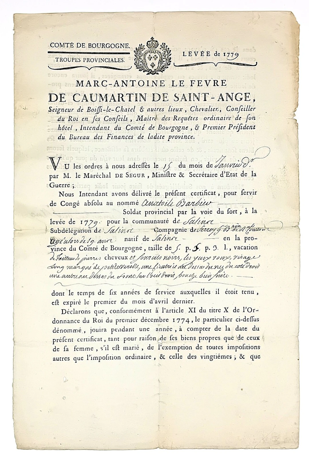 DOUBS. JURA. “COUNTY OF BURGUNDY. PROVINCIAL TROOPS. Conscri - Lot 119