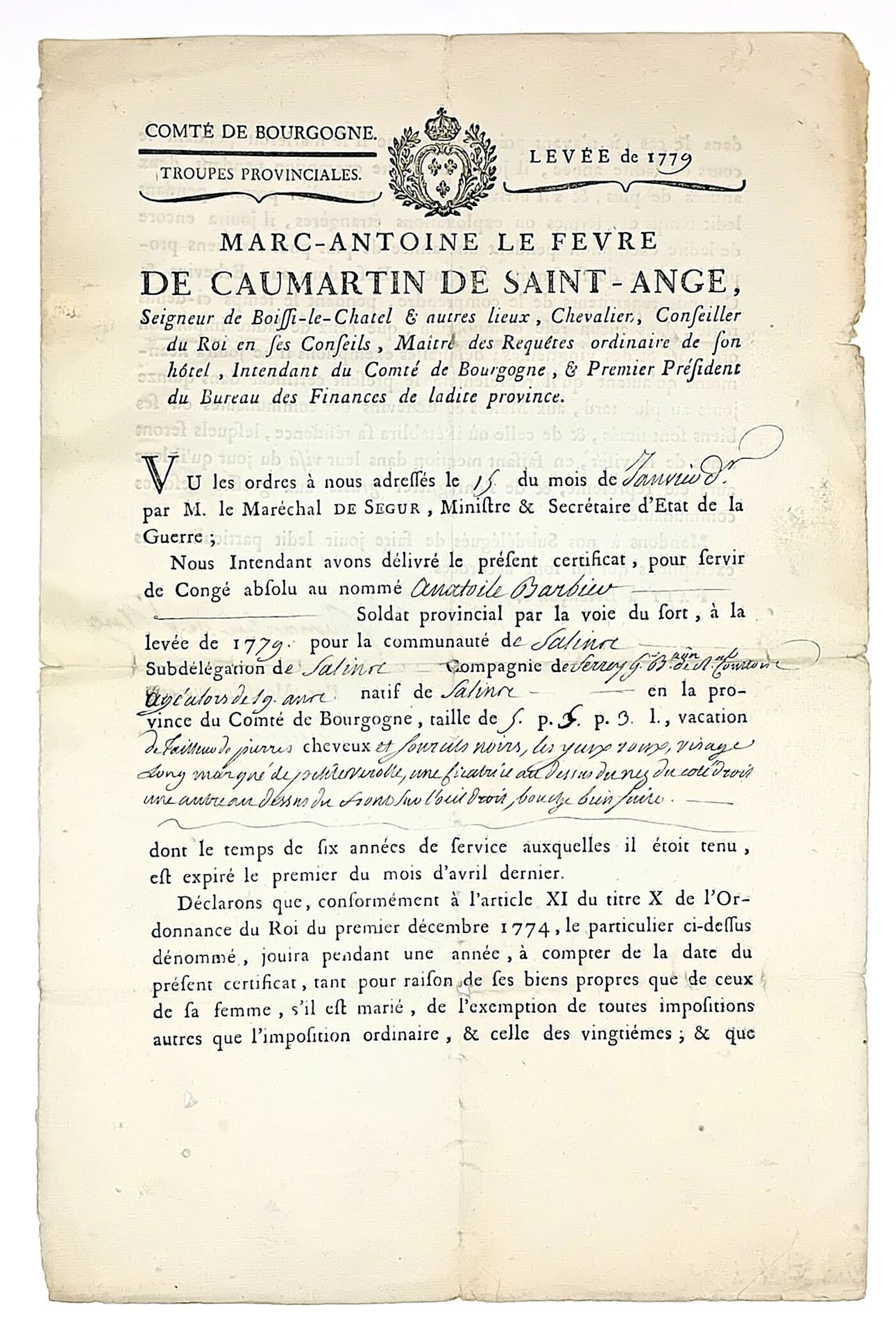 DOUBS. JURA. “COUNTY OF BURGUNDY. PROVINCIAL TROOPS. Conscri - Lot 119