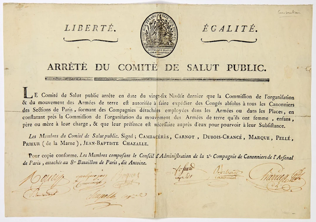 GUNNERS AT THE PARIS ARSENAL. 1795. Arrêté du COMITÉ DE SALU - Lot 244