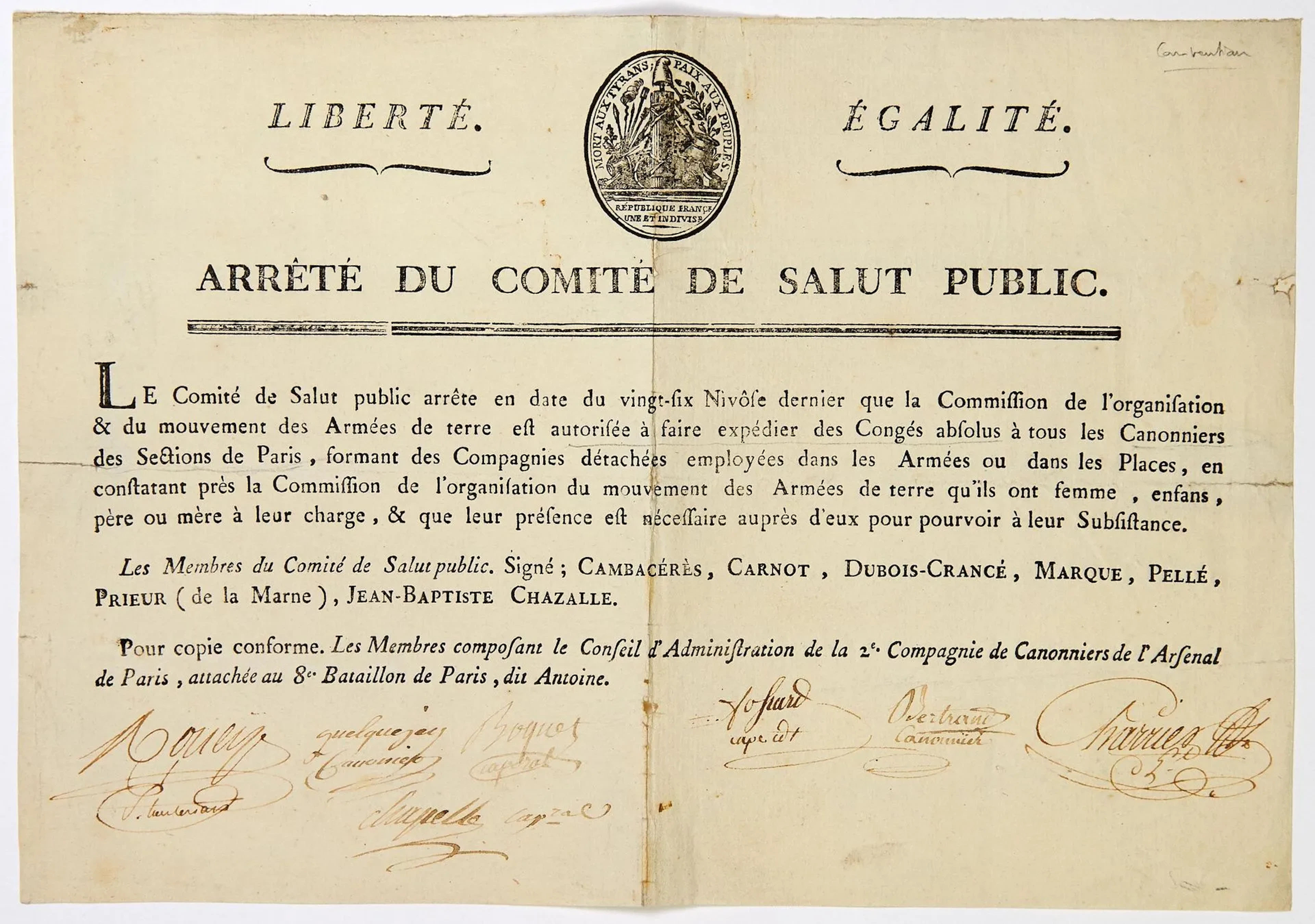 GUNNERS AT THE PARIS ARSENAL. 1795. Arrêté du COMITÉ DE SALU - Lot 244