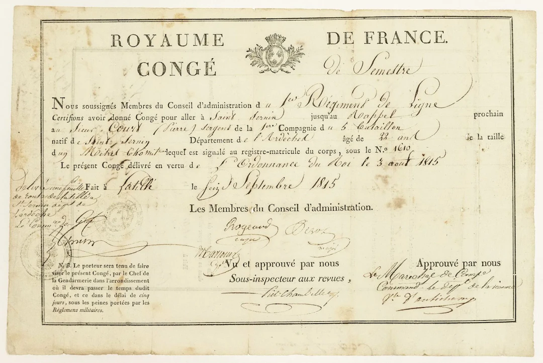 VICOMTE D'AUTICHAMP. 1815. VIENNE. "ROYAUME DE FRANCE" Congé - Lot 413