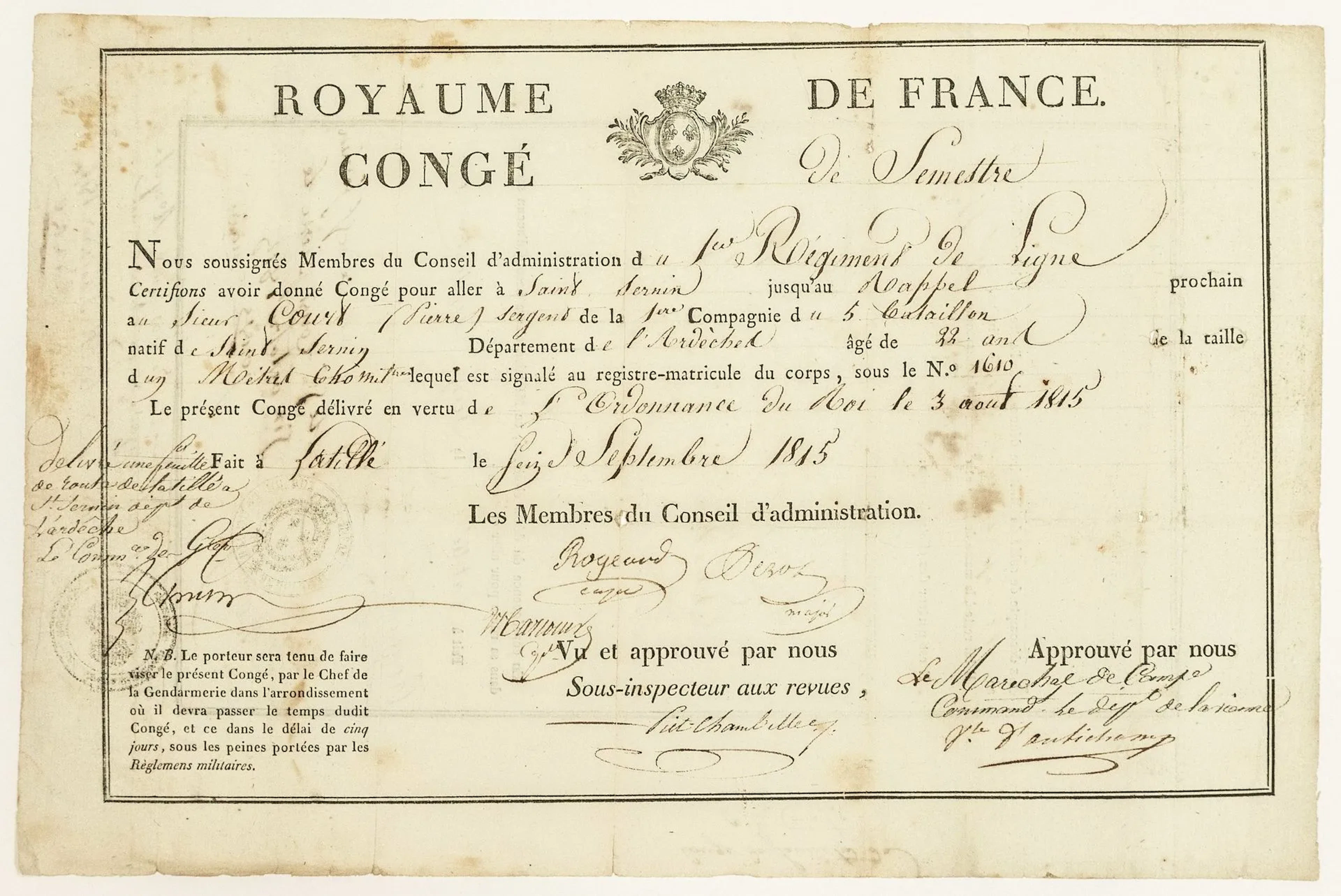 VICOMTE D'AUTICHAMP. 1815. VIENNE. "ROYAUME DE FRANCE" Congé - Lot 413