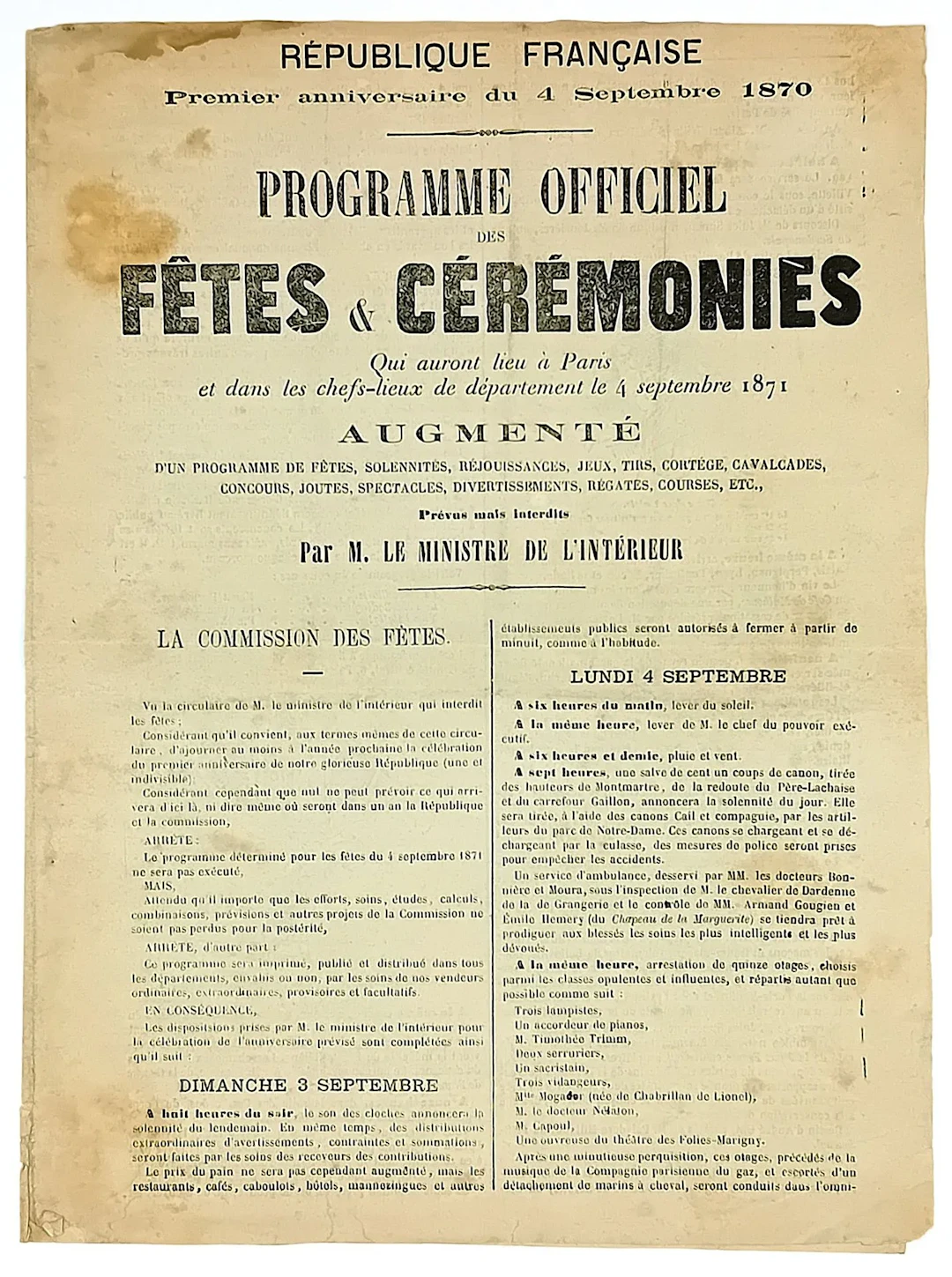 “FIRST ANNIVERSARY of September 4, 1870” - Official Program - Lot 620