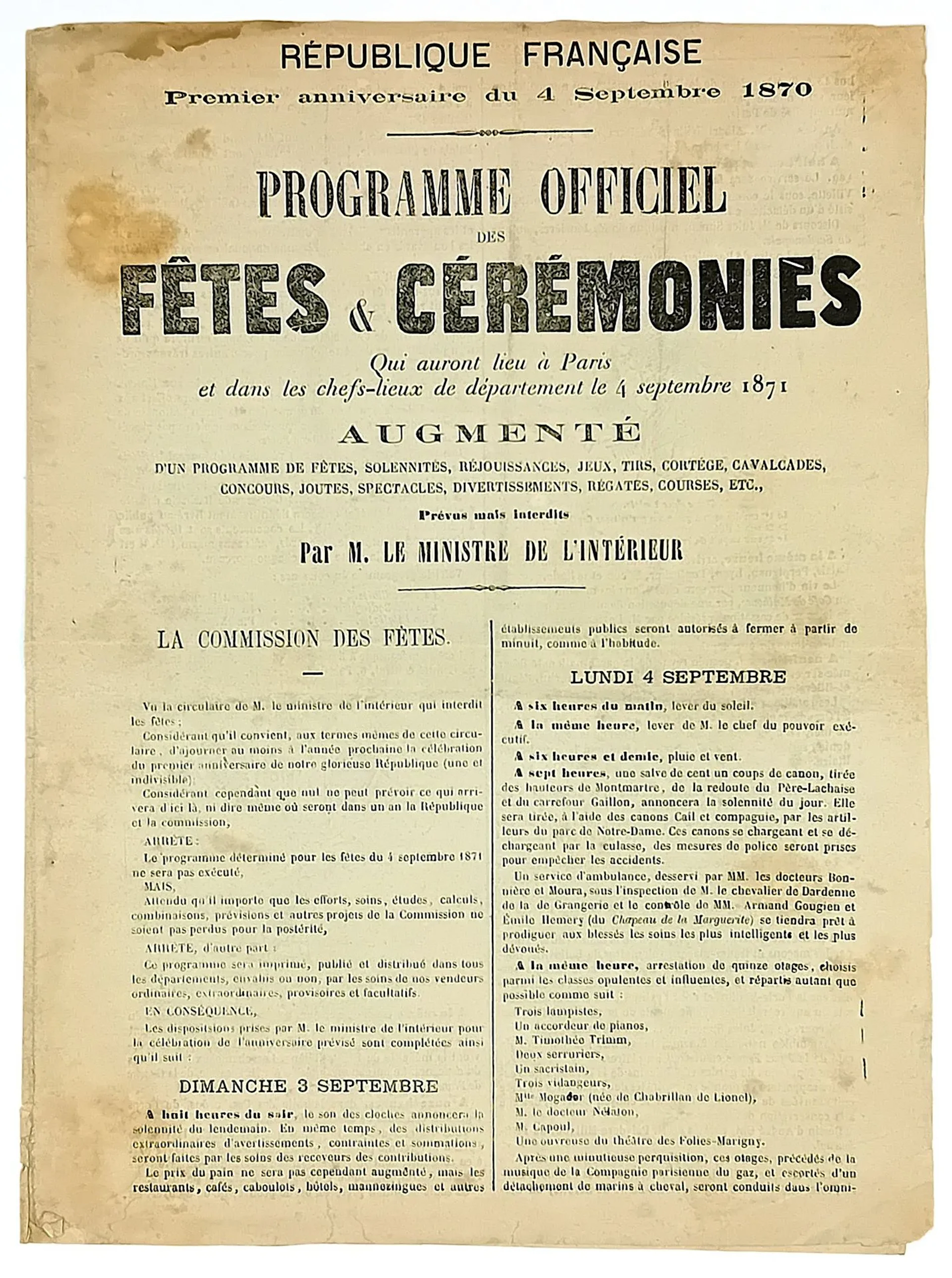“FIRST ANNIVERSARY of September 4, 1870” - Official Program - Lot 620