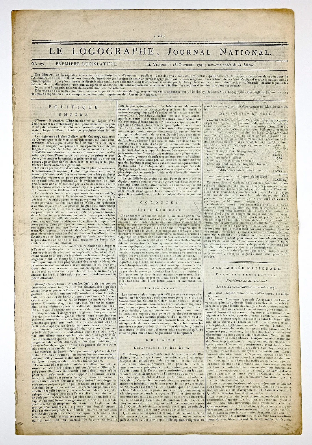SAINT DOMINGUE REVOLT. "LE LOGOGRAPHE, Journal National" Dai - Lot 204