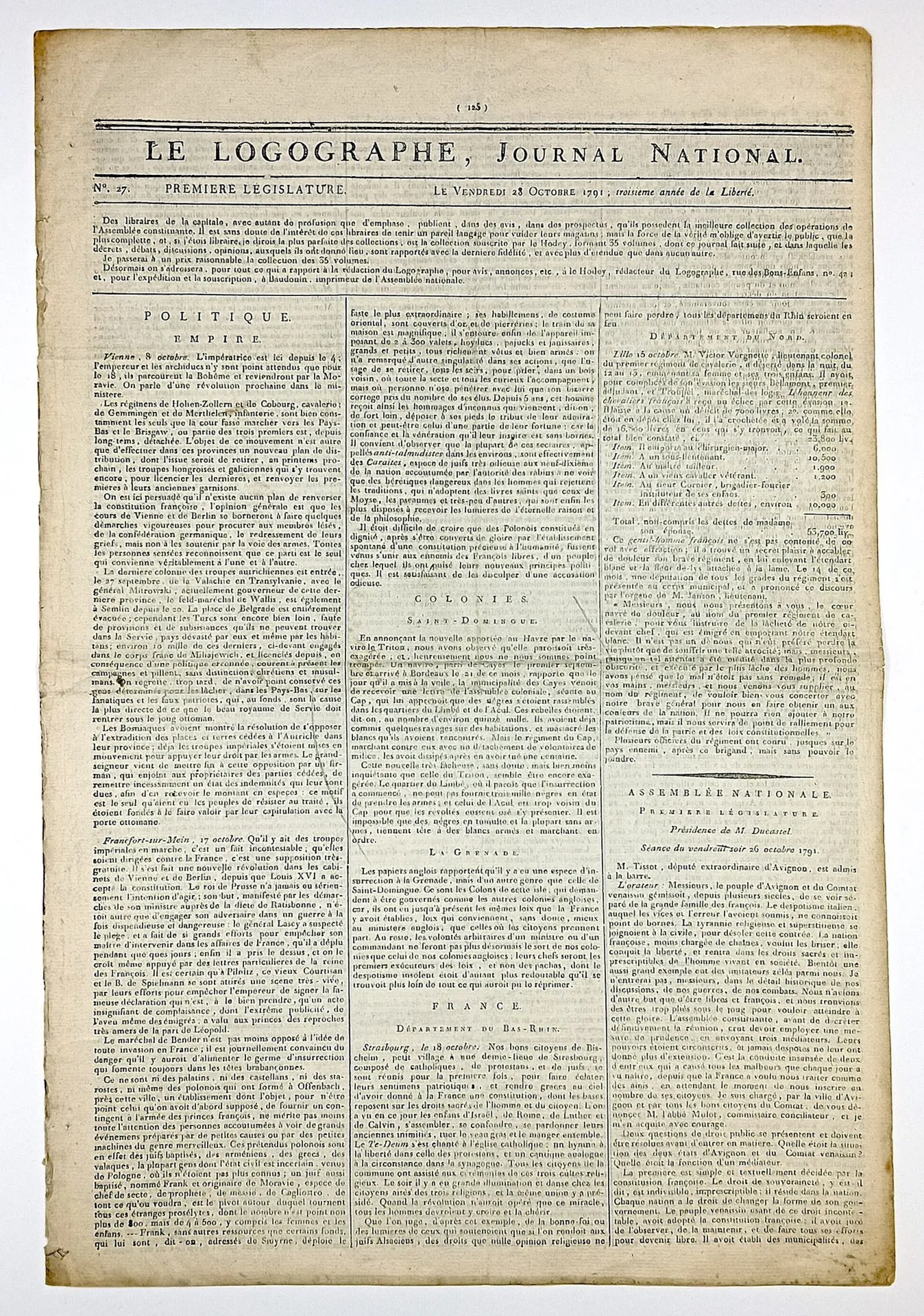 SAINT DOMINGUE REVOLT. "LE LOGOGRAPHE, Journal National" Dai - Lot 204