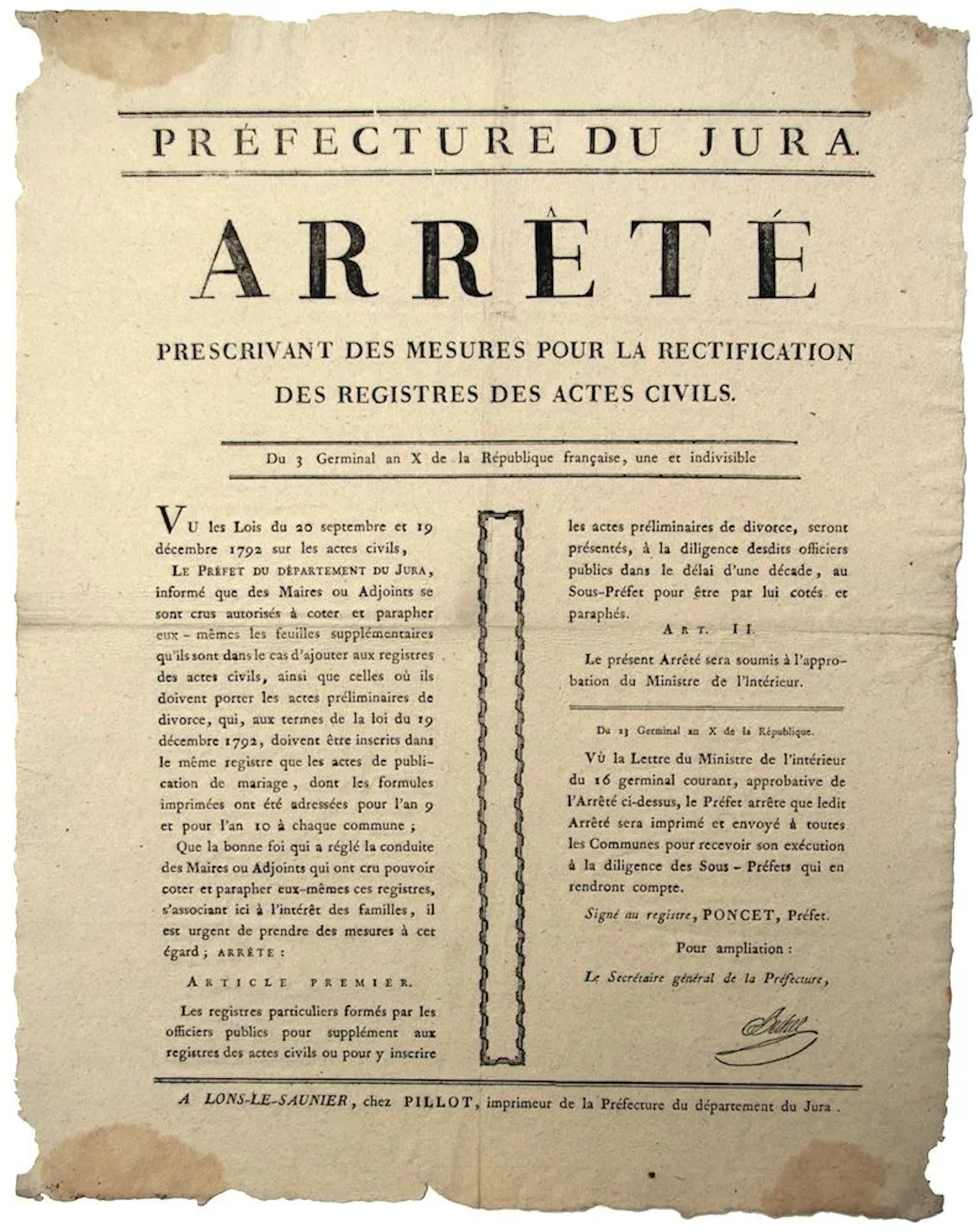 JURA (DIVORCE). Prefecture of Jura. "Arrêté prescrivant des - Lot 325