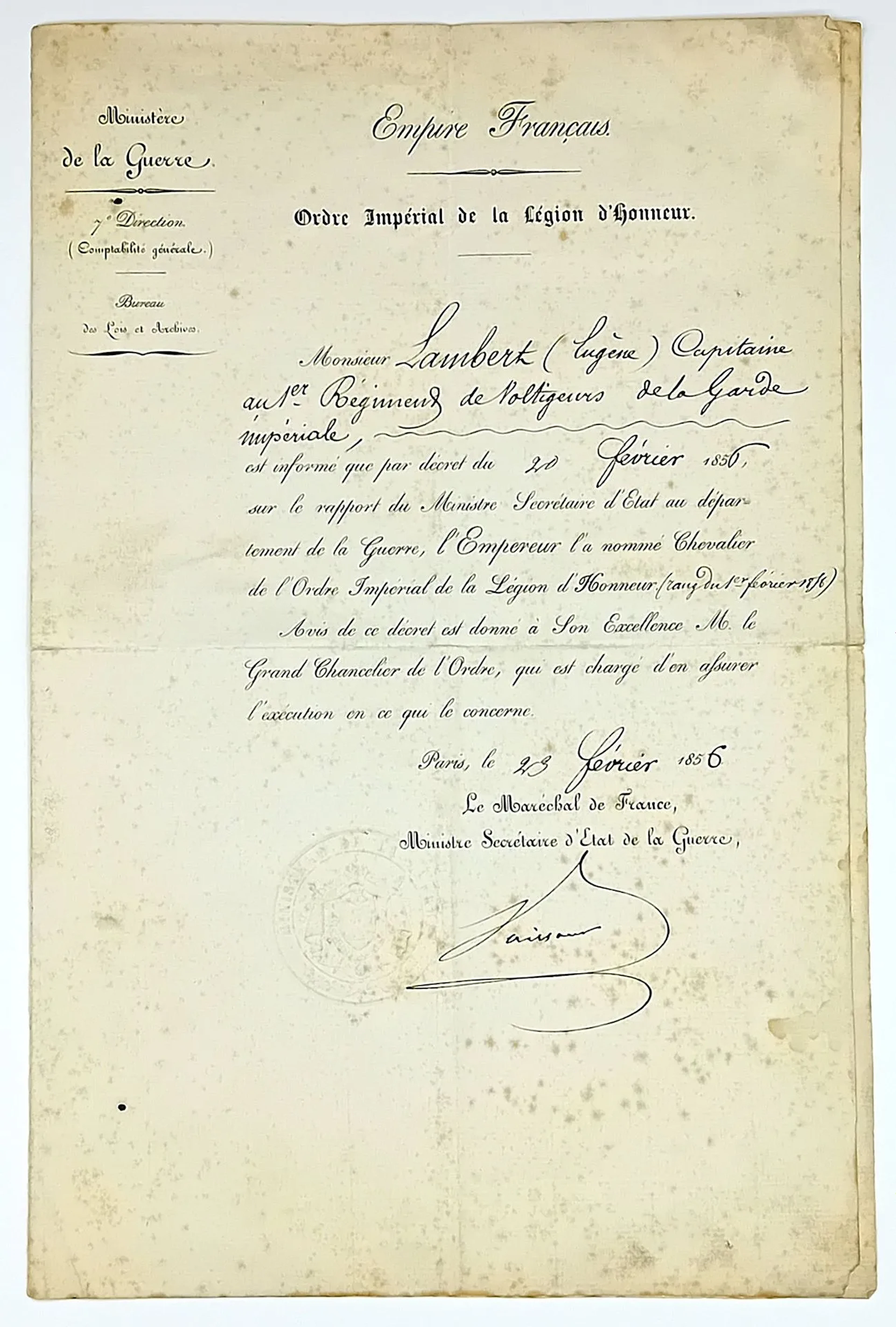 IMPERIAL ORDER OF THE LEGION OF HONOR. M. LAMBERT Capitaine - Lot 564
