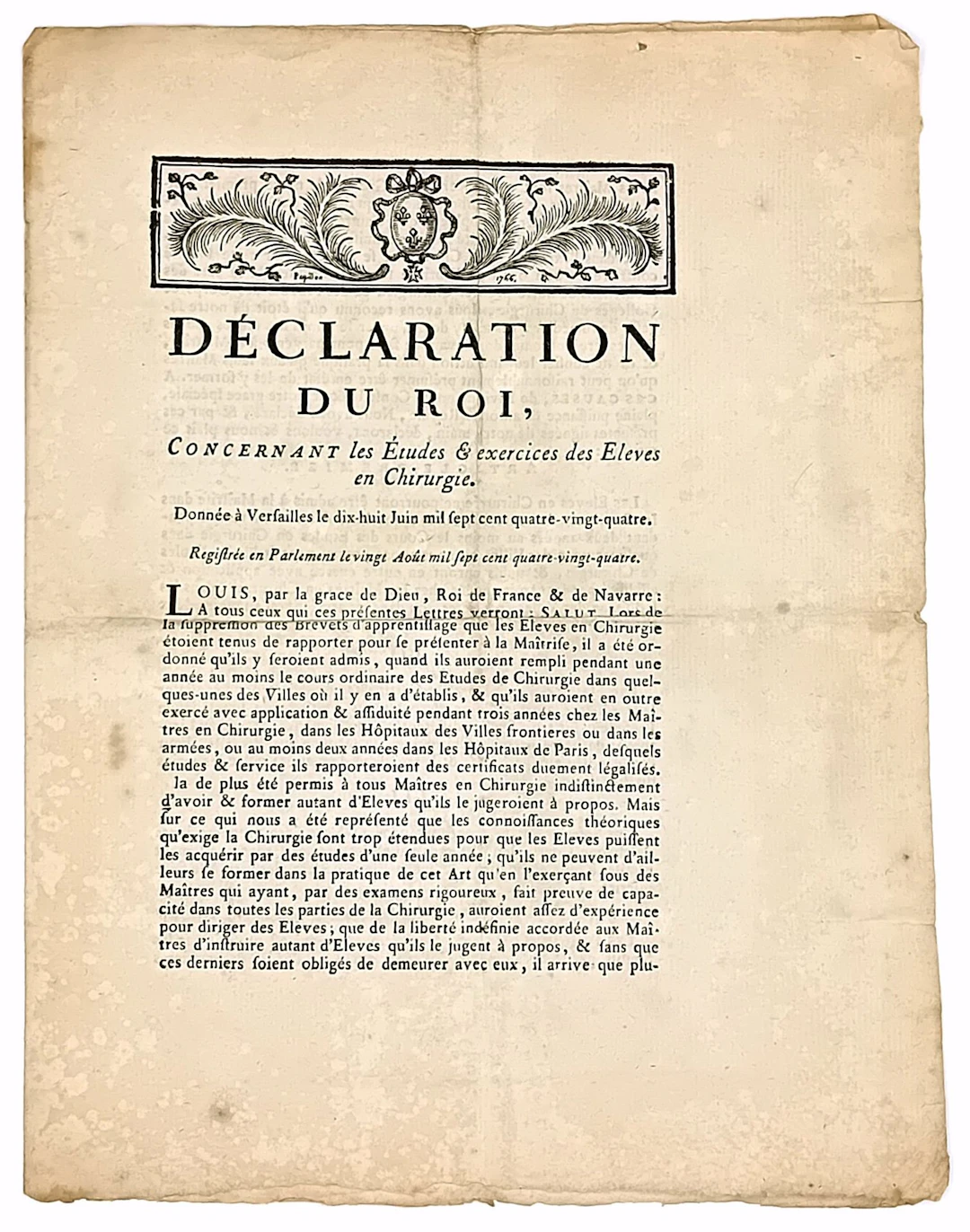 SURGERY. “Declaration by the King (Louis XVI) Concerning the - Lot 116