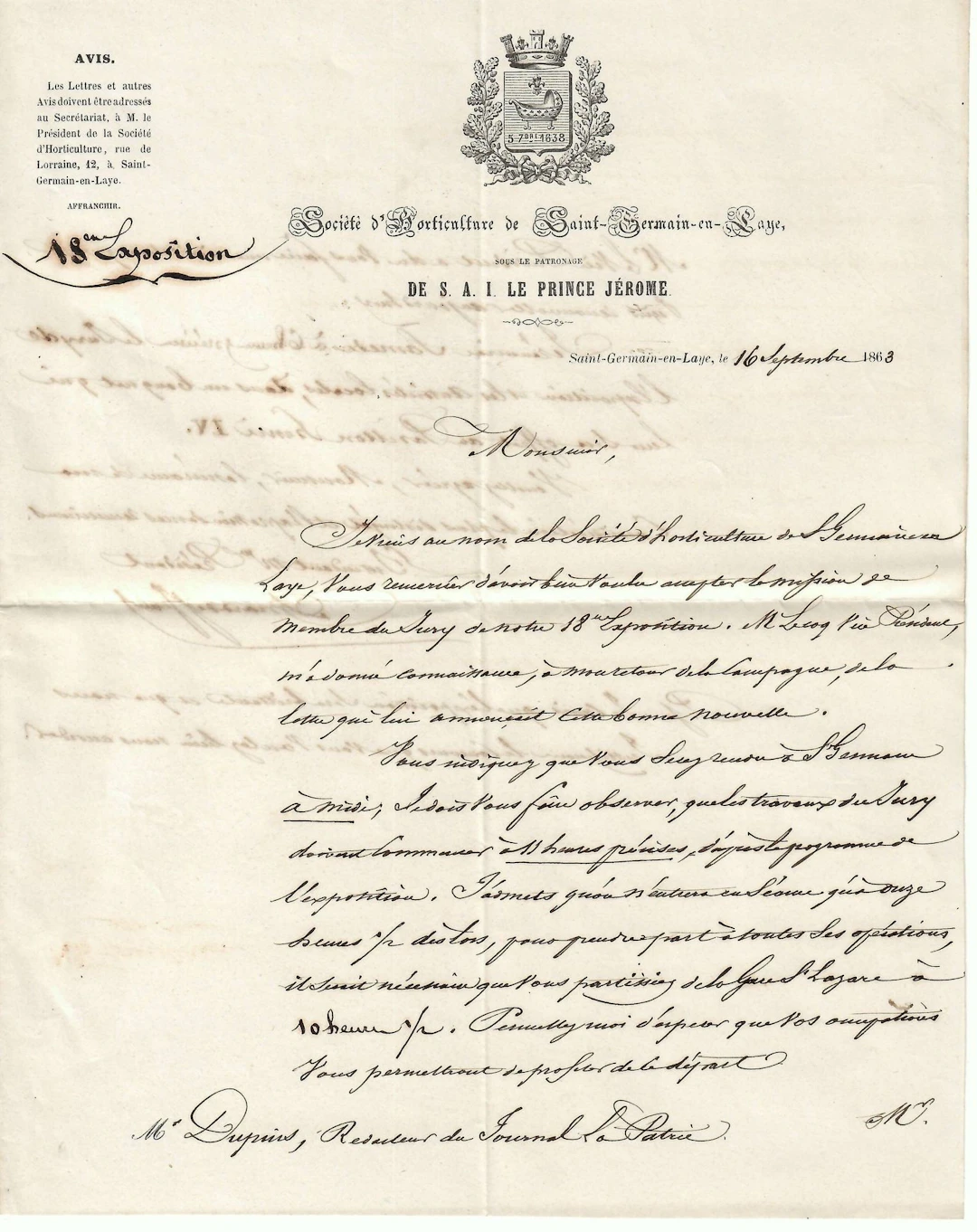 YVELINES. Letter from the President of the “Saint-Germain-en - Lot 600