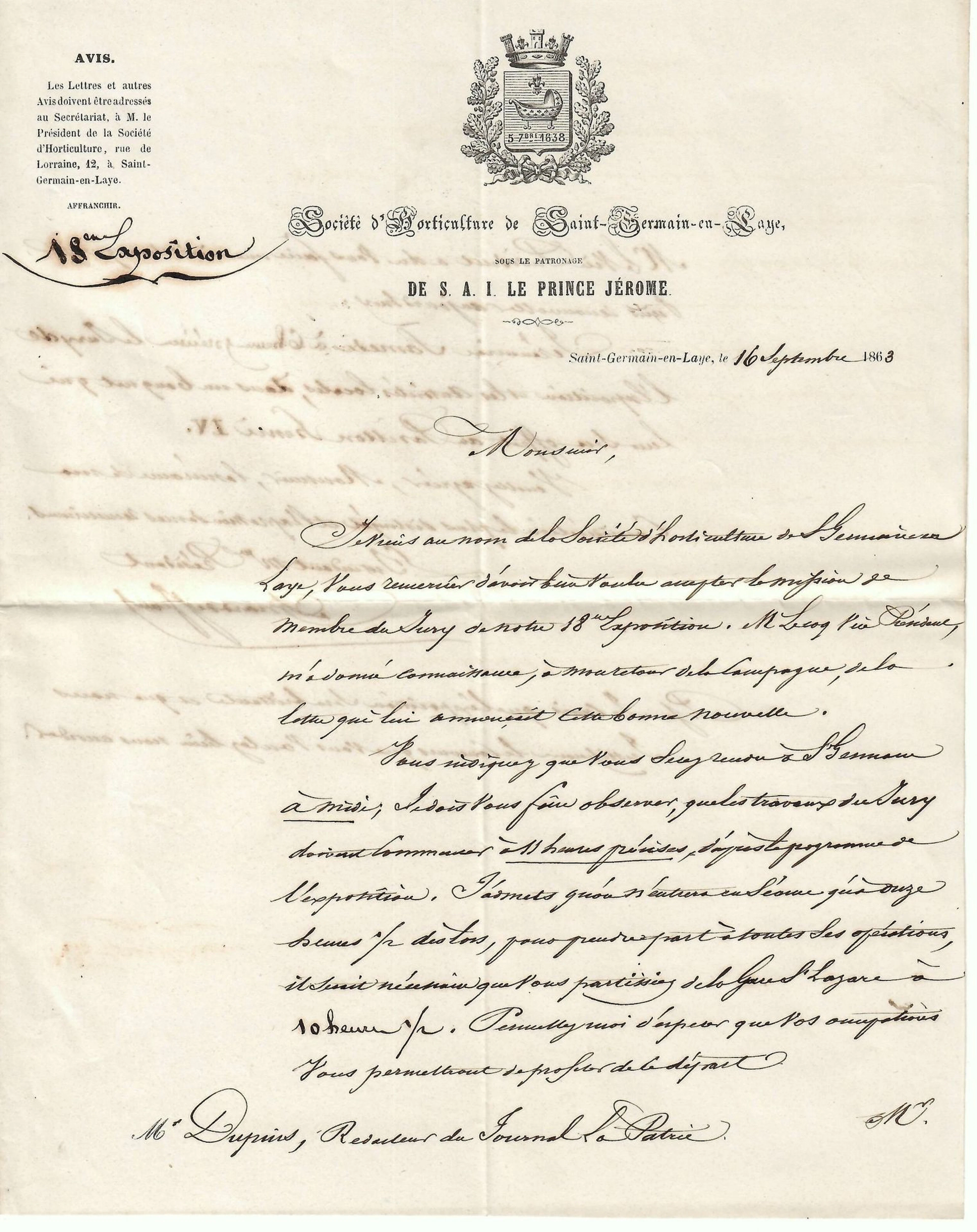 YVELINES. Letter from the President of the “Saint-Germain-en - Lot 600