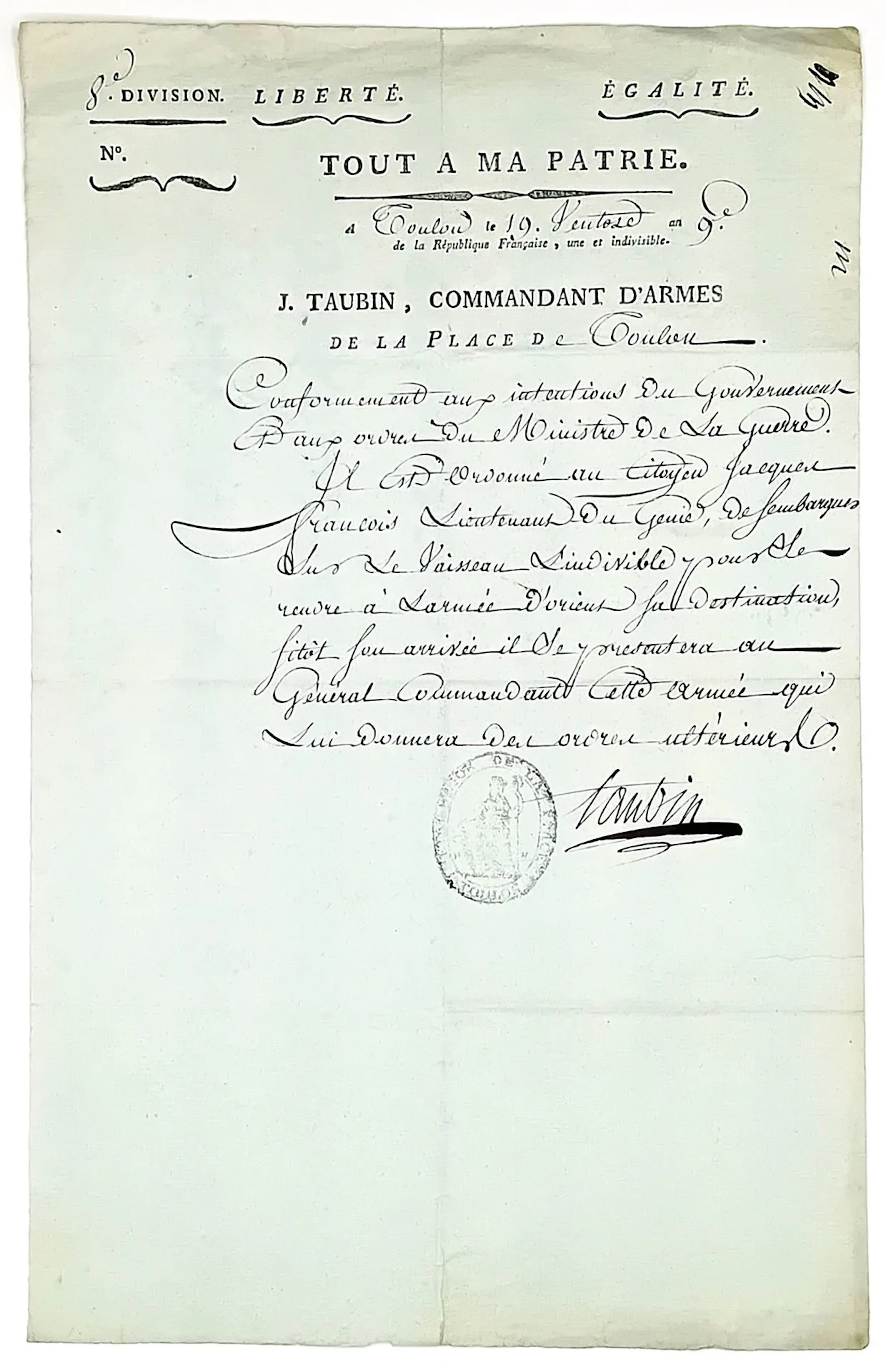 ARMÉE D’ORIENT. VAR. Document signed by TAUBIN, Commander of - Lot 310