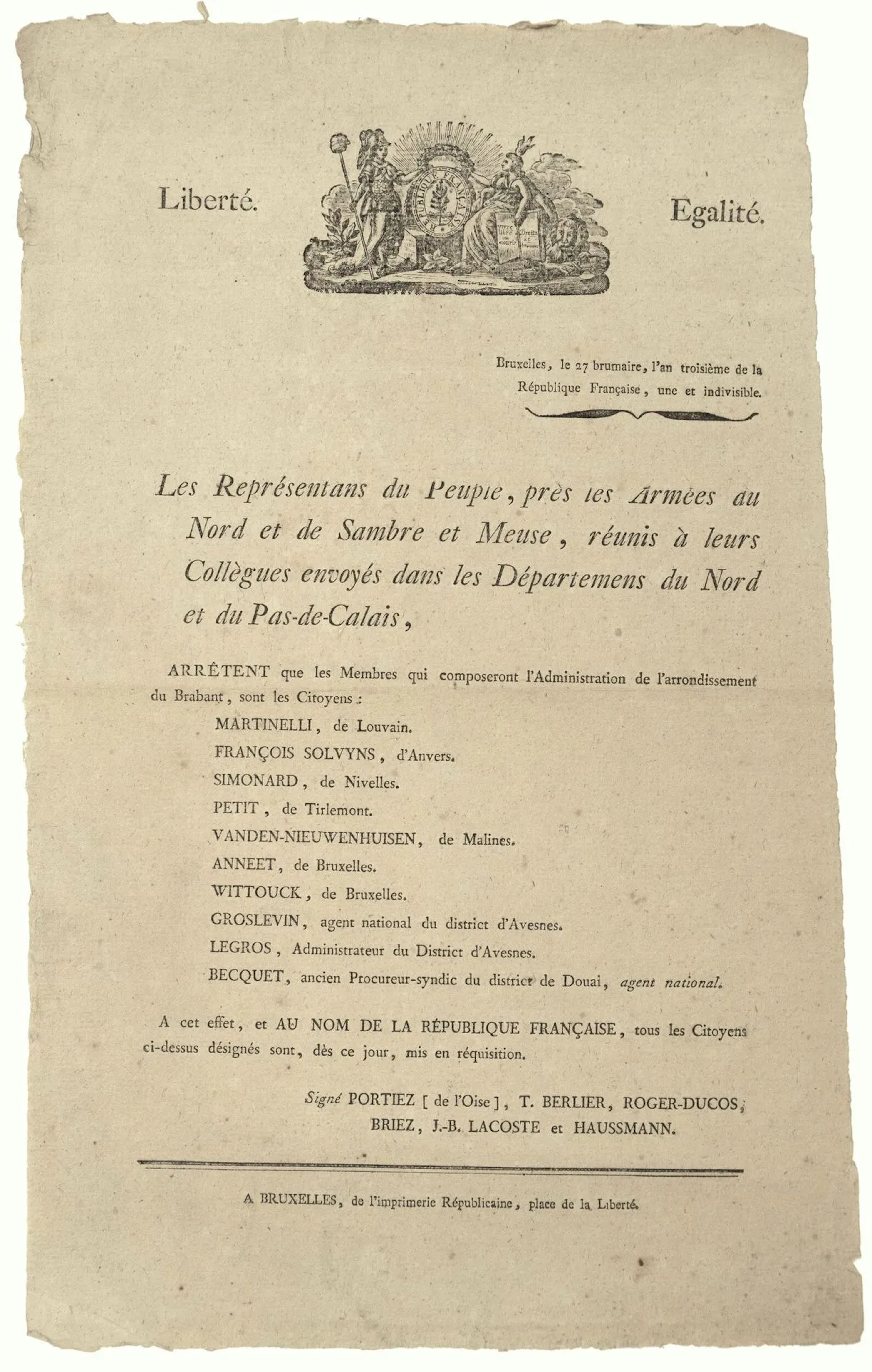 BELGIUM. BRUSSELS, 27 Brumaire An 3 (November 17, 1794). "Le - Lot 400