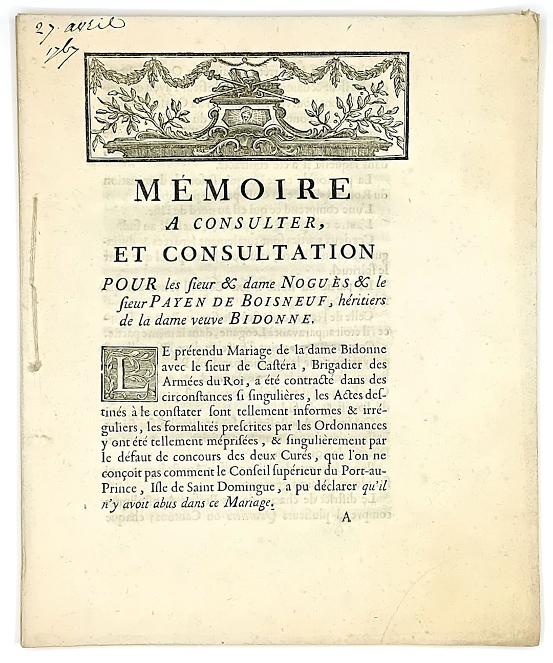 SANTO DOMINGO. Trial of April 27, 1767. “Brief to be consult - Lot 95
