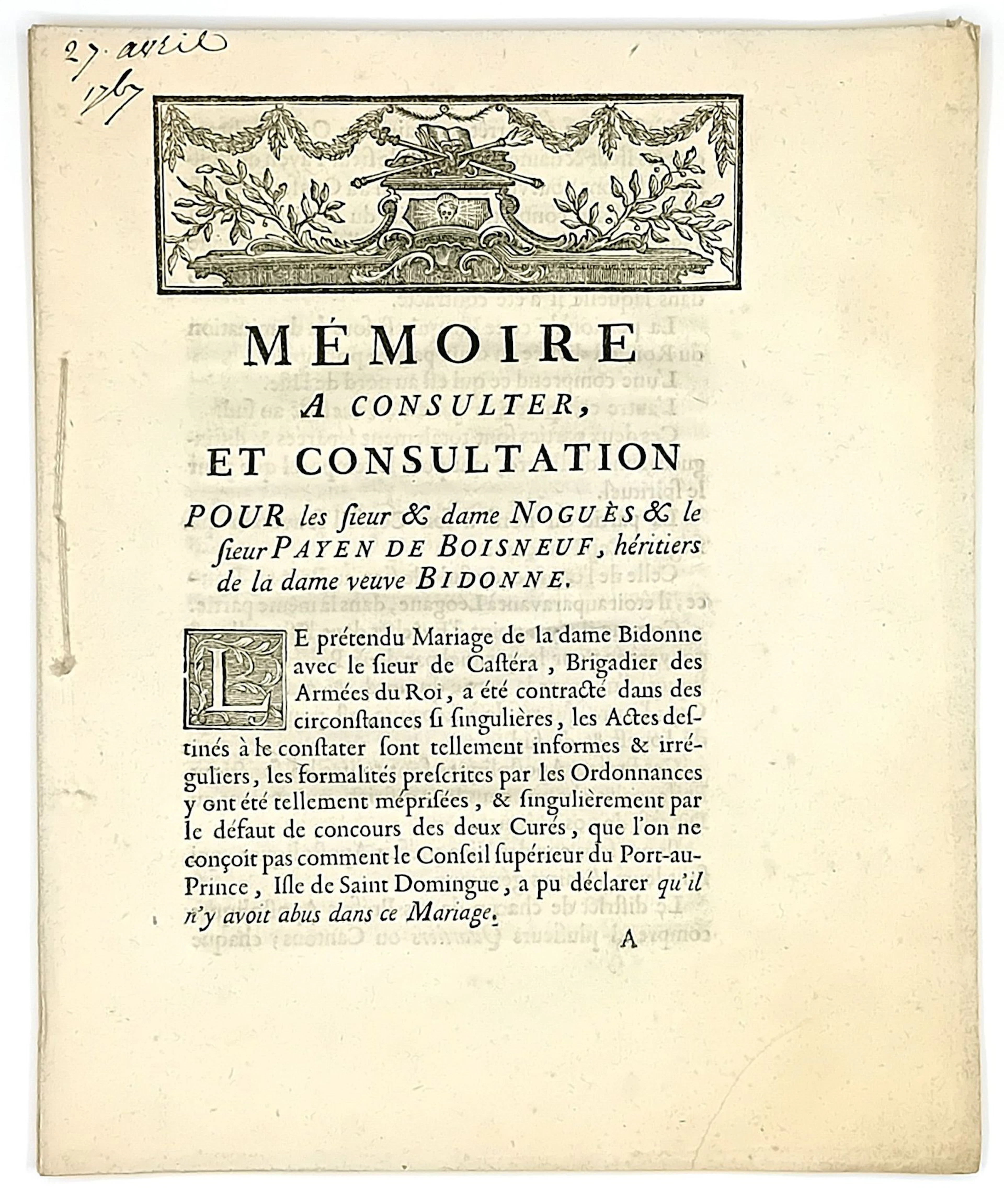 SANTO DOMINGO. Trial of April 27, 1767. “Brief to be consult - Lot 95