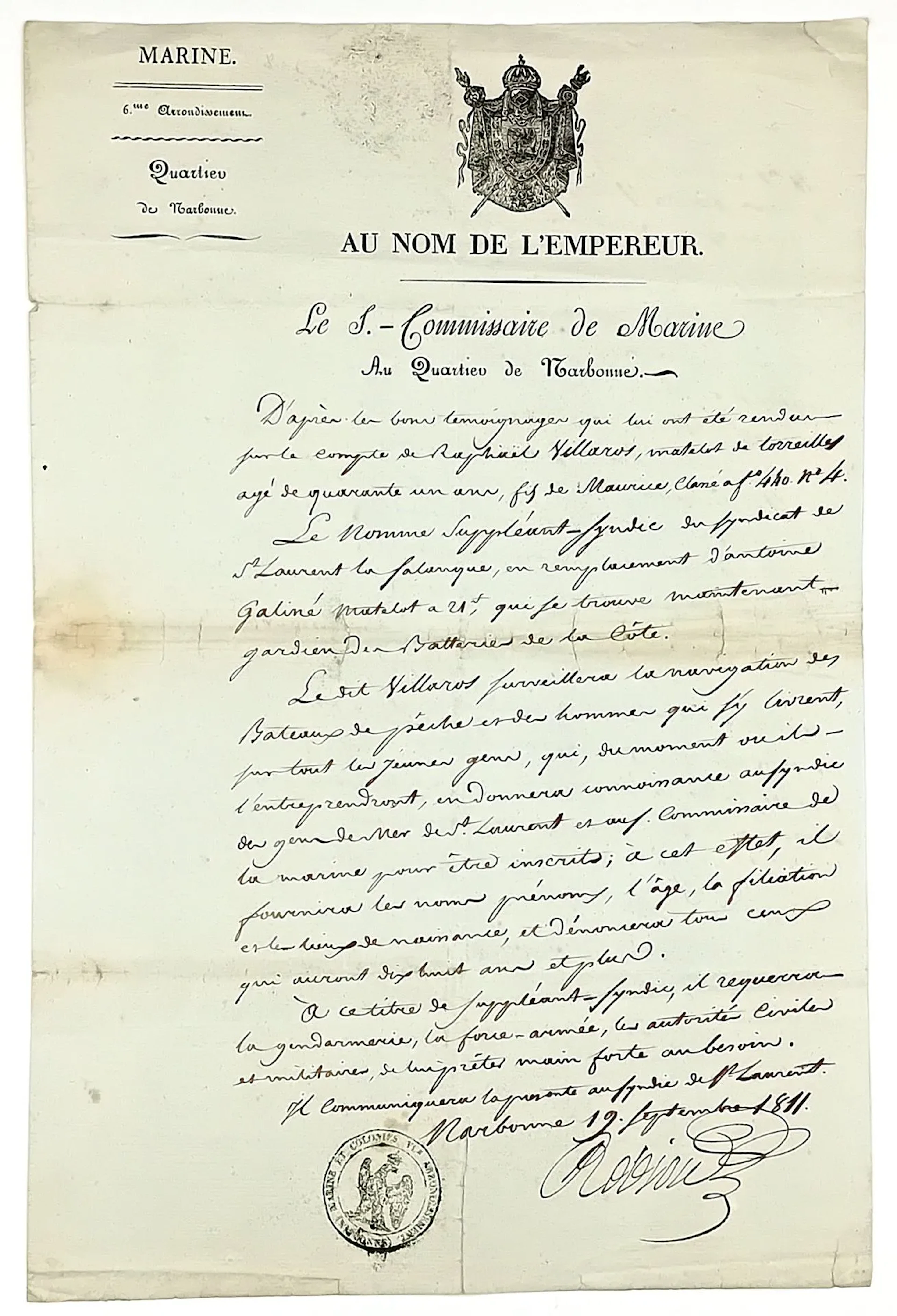 MARINE. AUDE. PYRÉNÉES-ORIENTALES. Letter of appointment, is - Lot 385