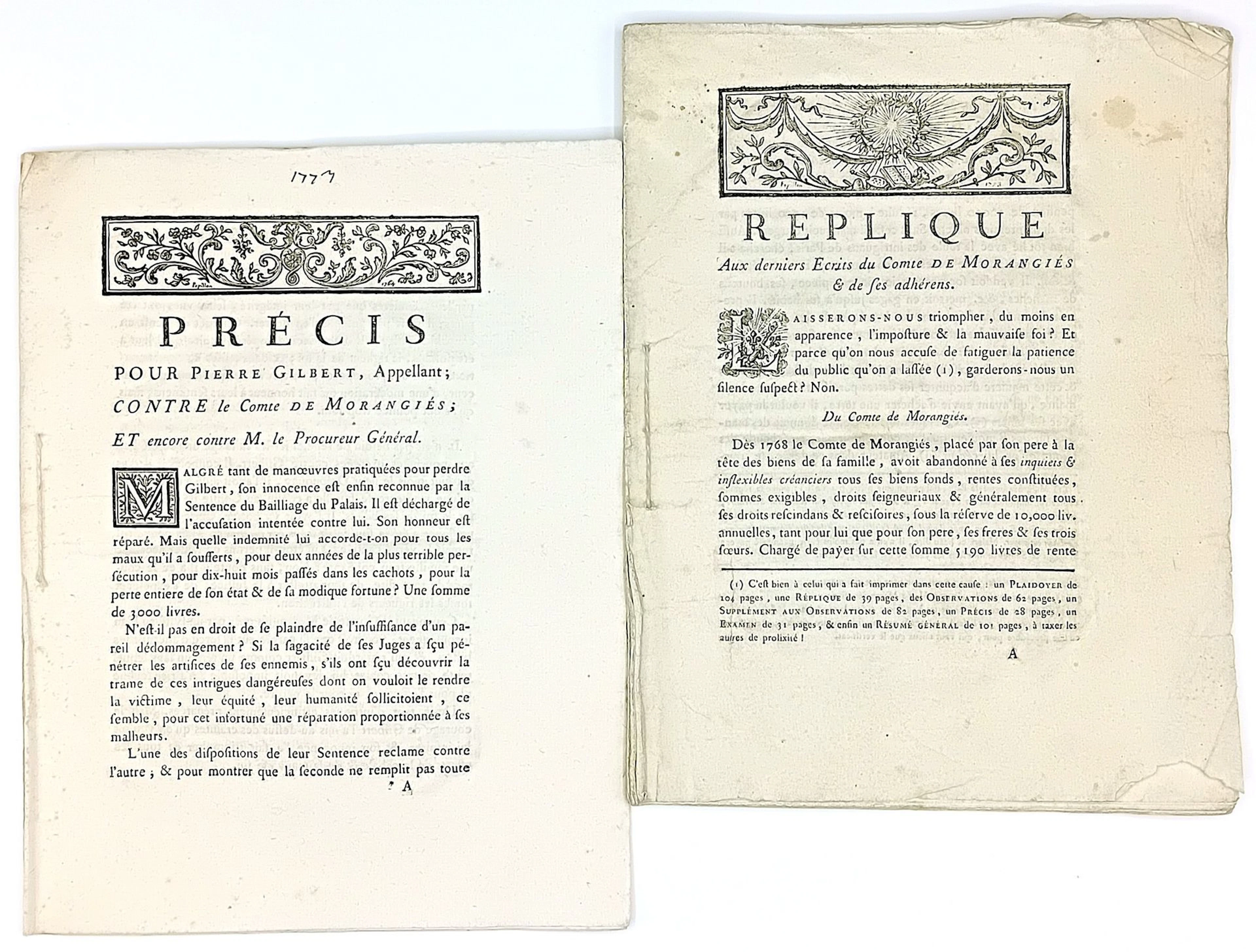 THE CASE OF THE COUNT OF MORANGIÈS. 1773. 2 Briefs: “Summary - Lot 113
