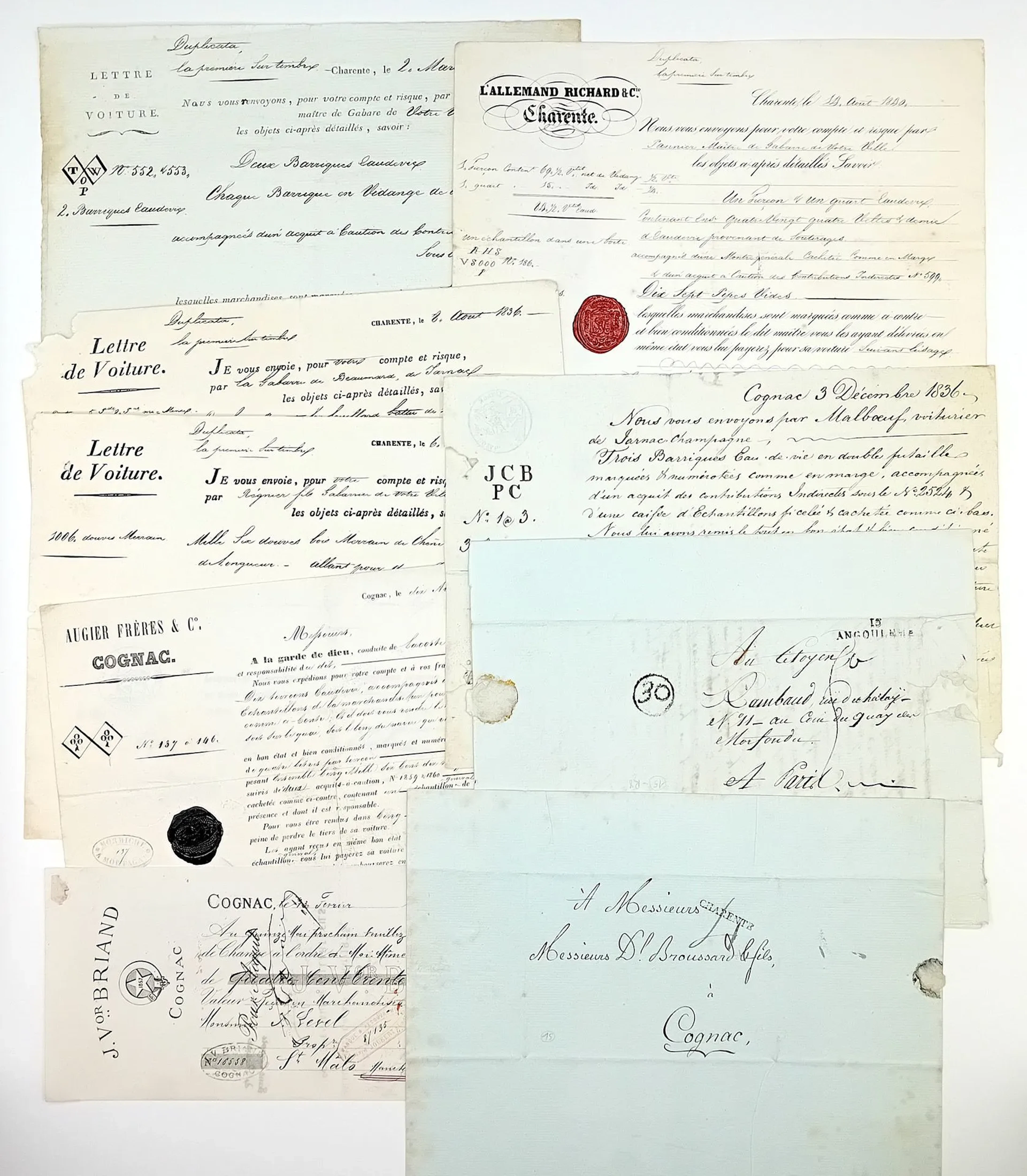 CHARENTE. COGNAC. 2 letters and 7 documents: Business letter - Lot 232