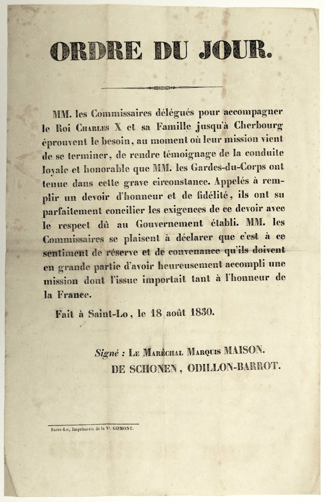 DEPARTURE OF KING CHARLES X, CHERBOURG. (MANCHE). Placard ma - Lot 493