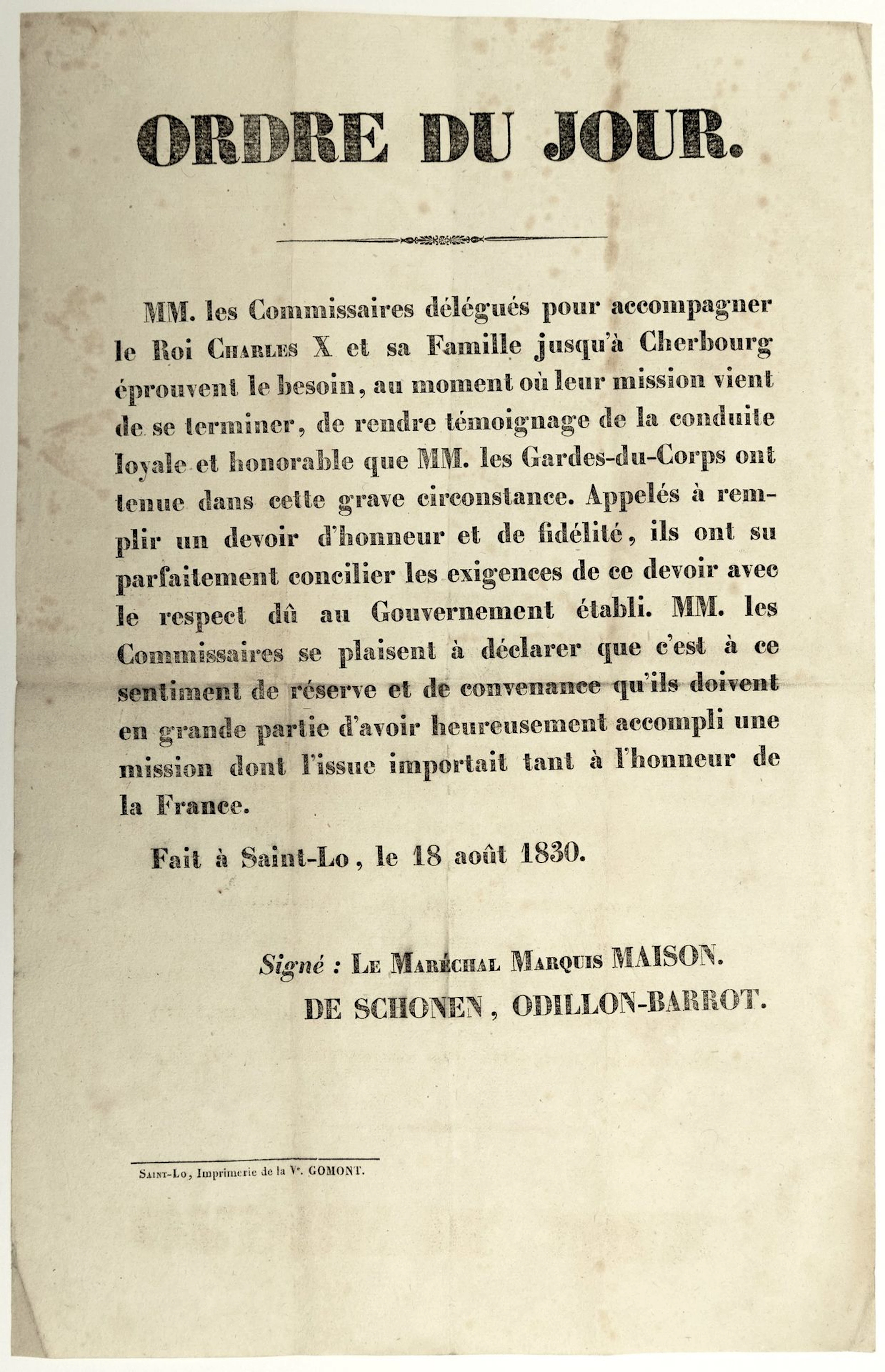 DEPARTURE OF KING CHARLES X, CHERBOURG. (MANCHE). Placard ma - Lot 493