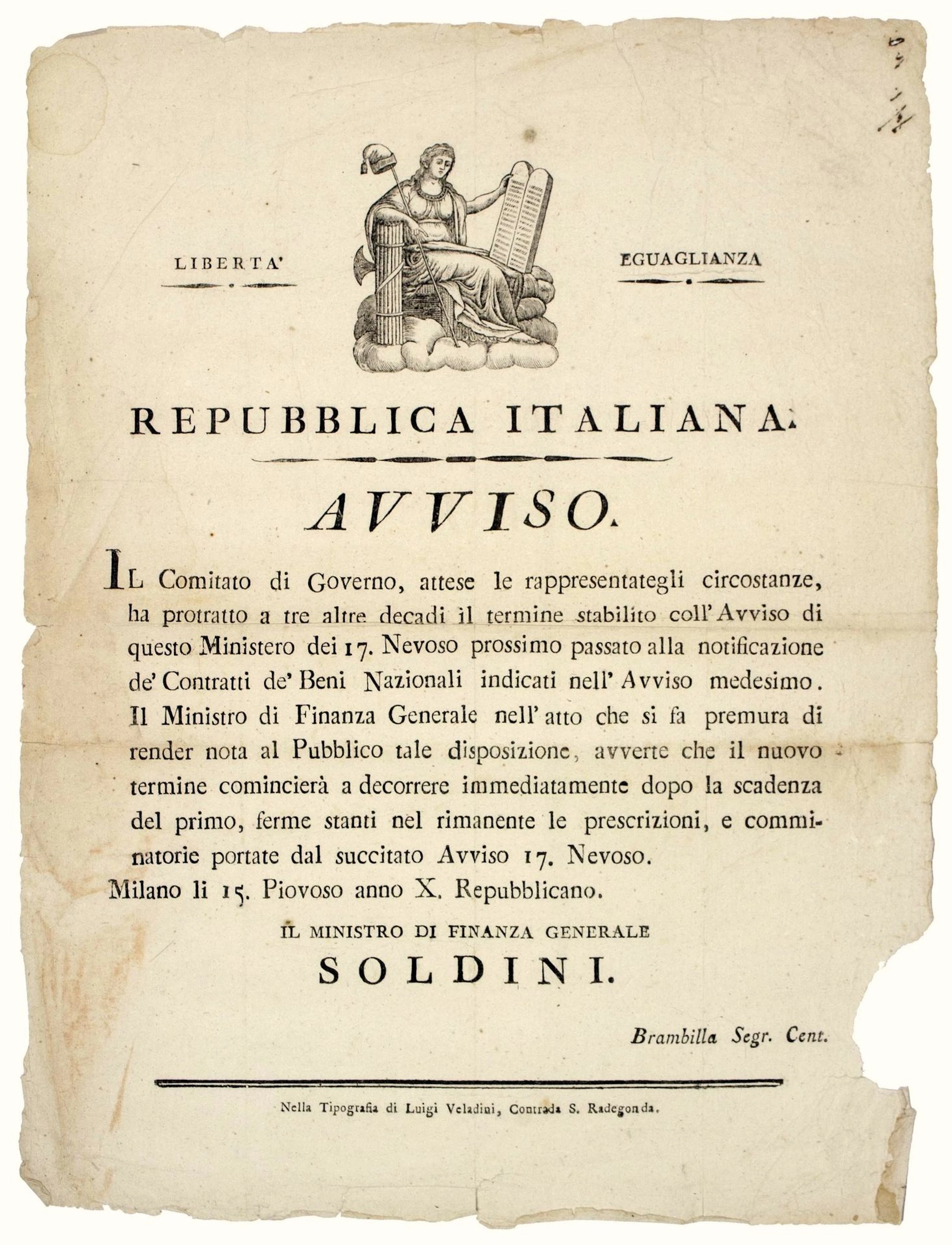 ITALIAN REPUBLIC (Repubblica Italiana.). Avis du Ministre de - Lot 320