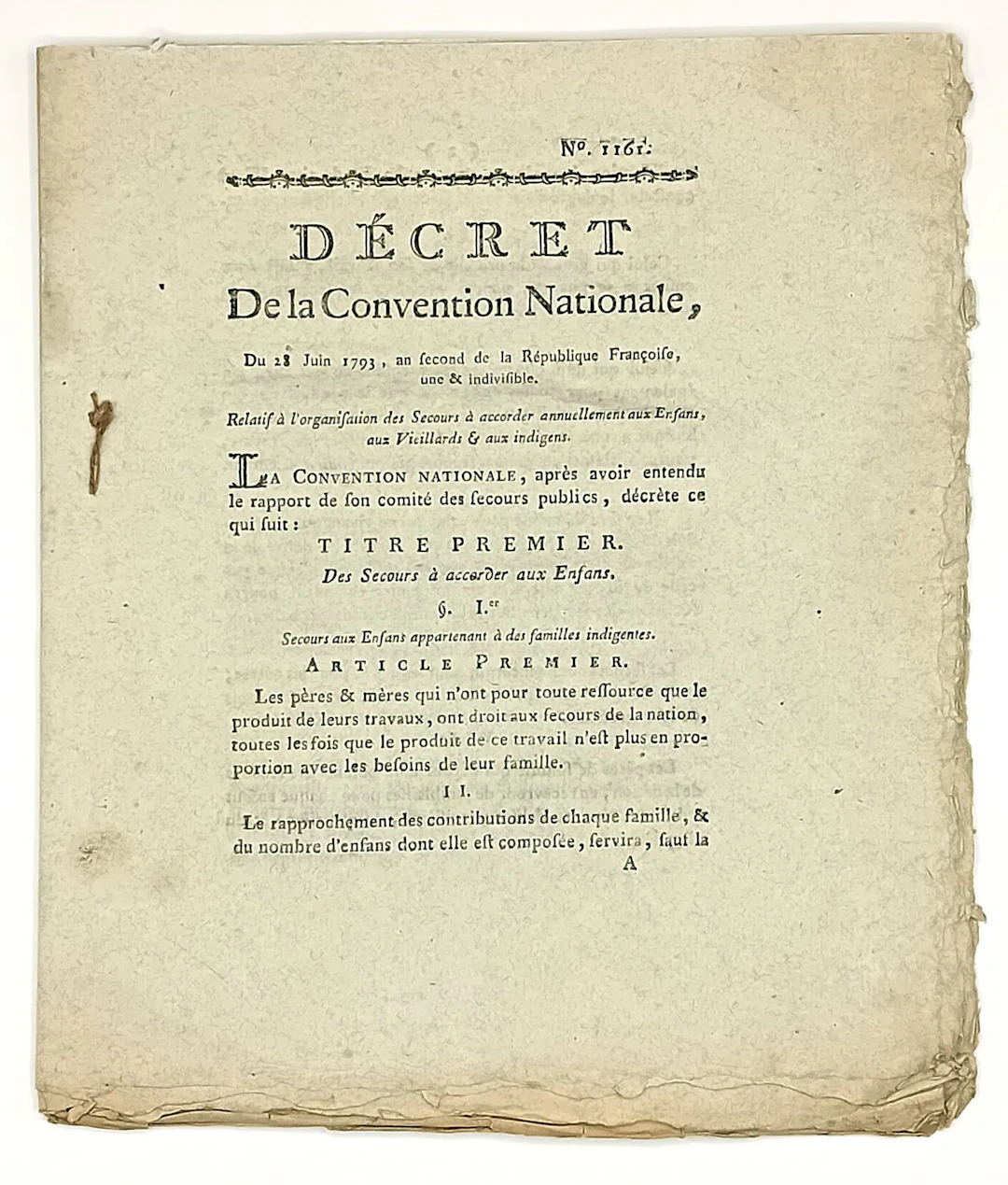 NATIONAL AID TO THE NEEDY. “Decree of the National Conventio - Lot 224