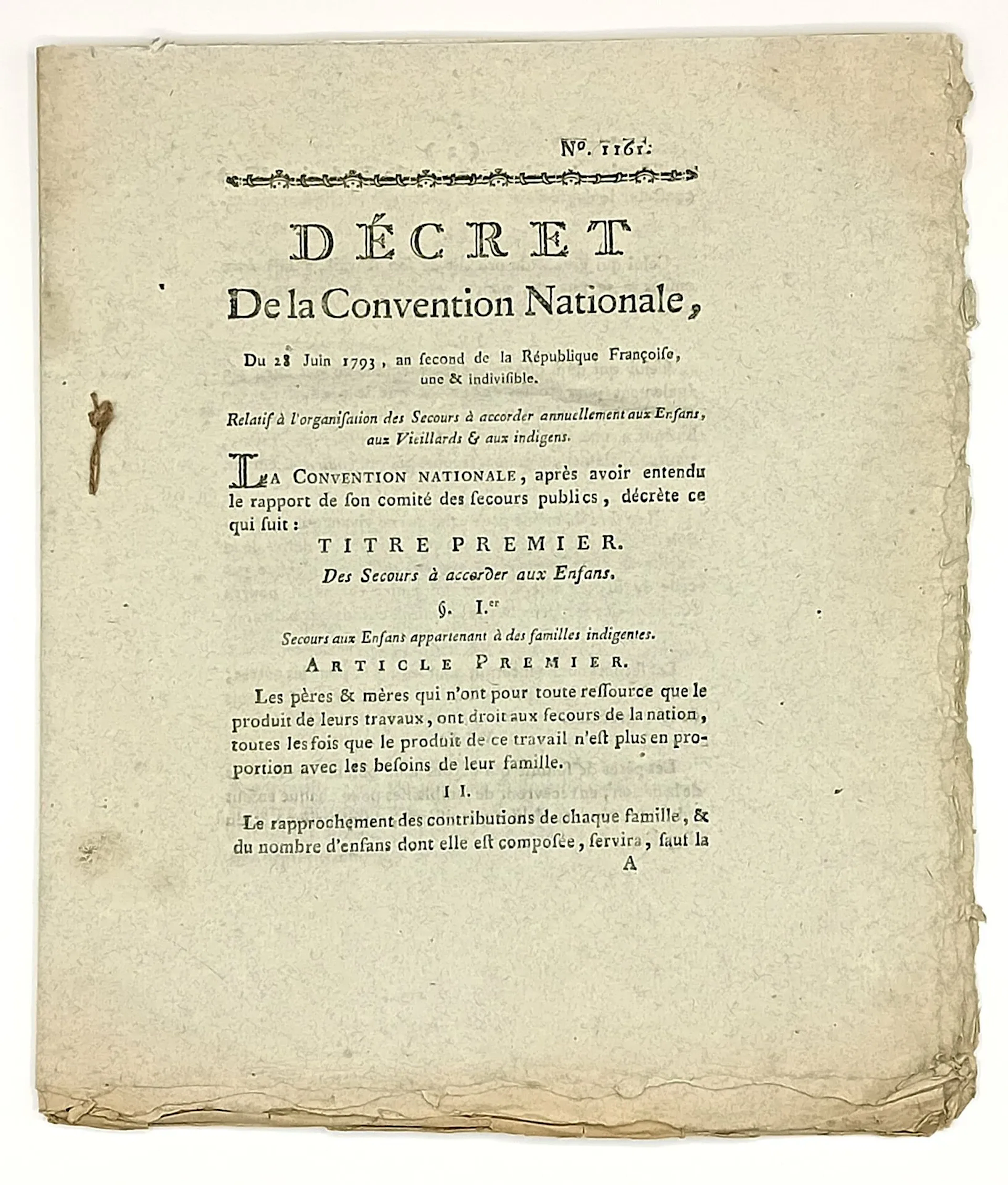 NATIONAL AID TO THE NEEDY. “Decree of the National Conventio - Lot 224