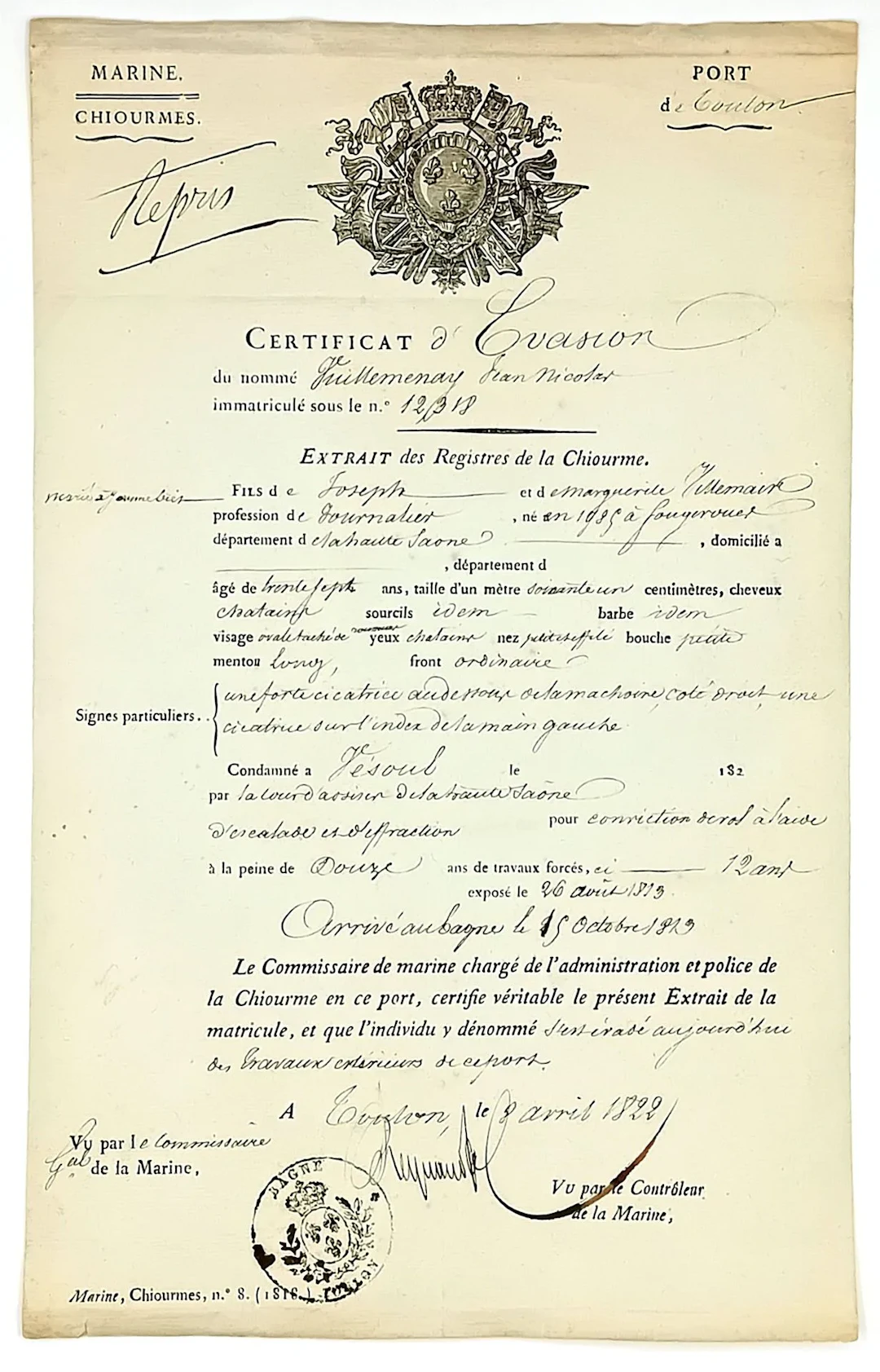 NAVY. TOULON PENITENTIARY (Var). Certificate of escape for J - Lot 447