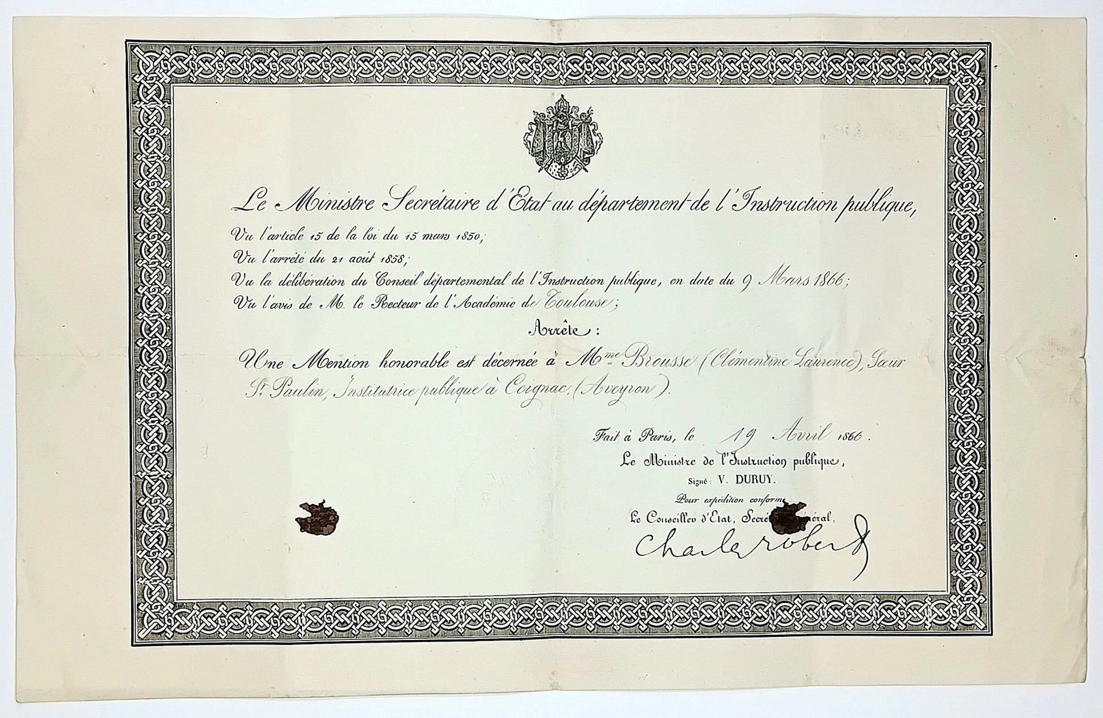 AVEYRON. Two Second Empire diplomas, RODEZ 1853 + PARIS 1866 - Lot 559