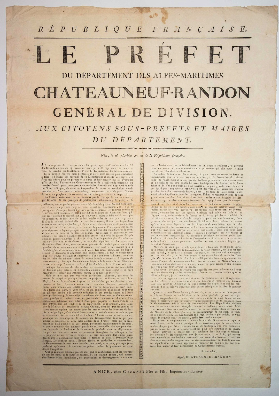 ALPES-MARITIMES. 1802. "Le Préfet du département des Alpes-M - Lot 323