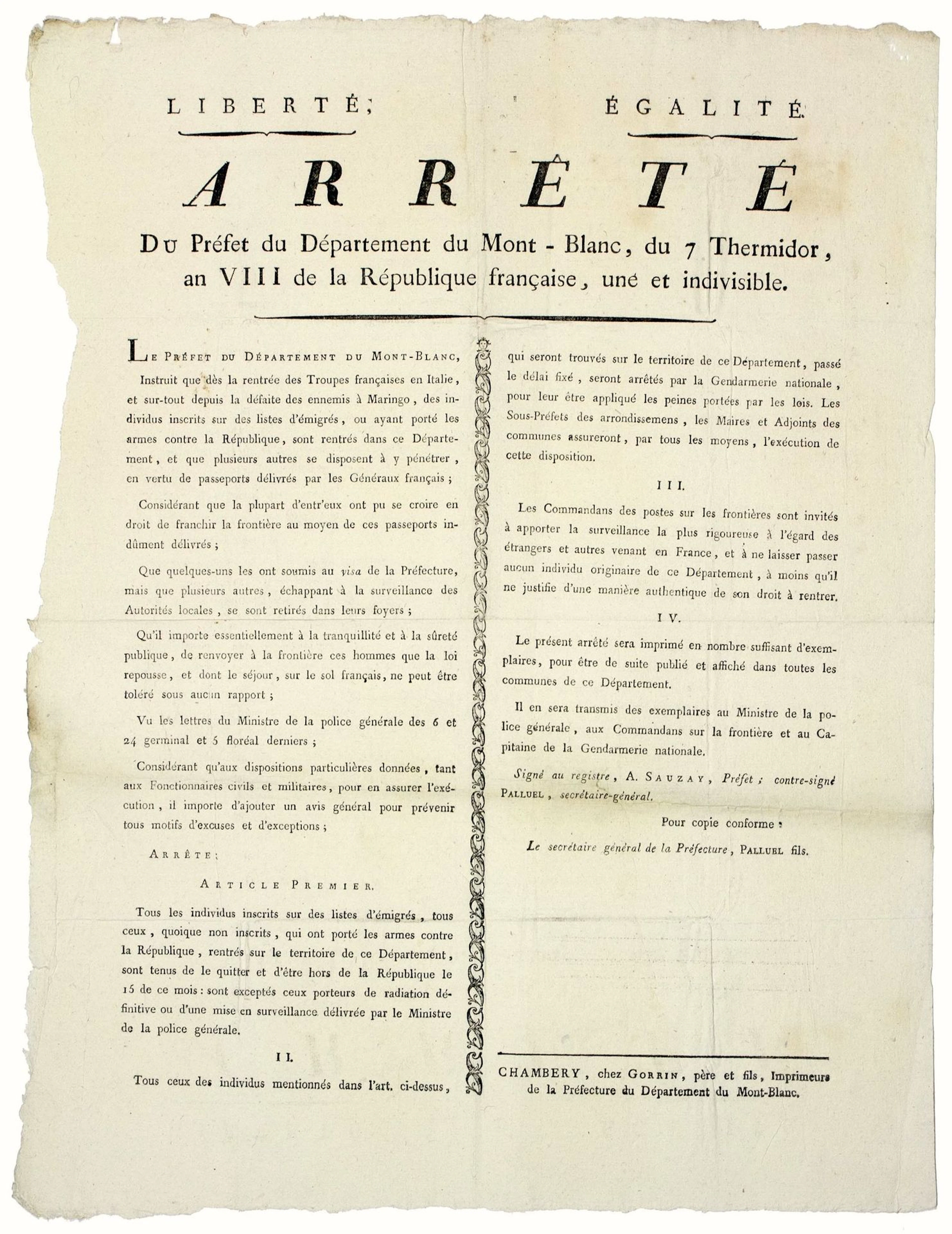 SAVOY. DEPARTMENT OF MONT BLANC. Decree issued by SAUZAY, Pr - Lot 302