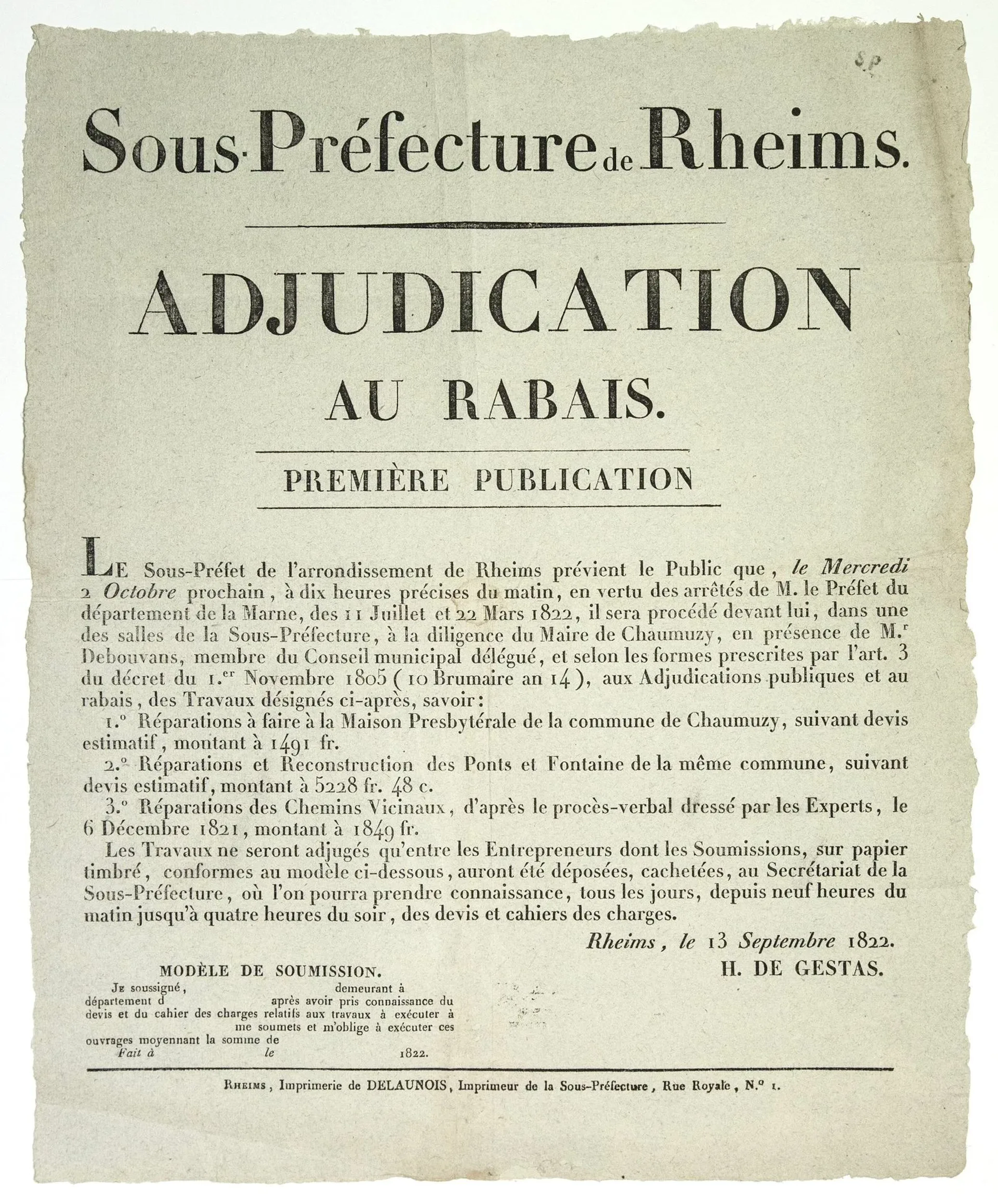 MARNE. REIMS (51). CHAUMUZY (51). “Subprefecture of REIMS,” - Lot 449