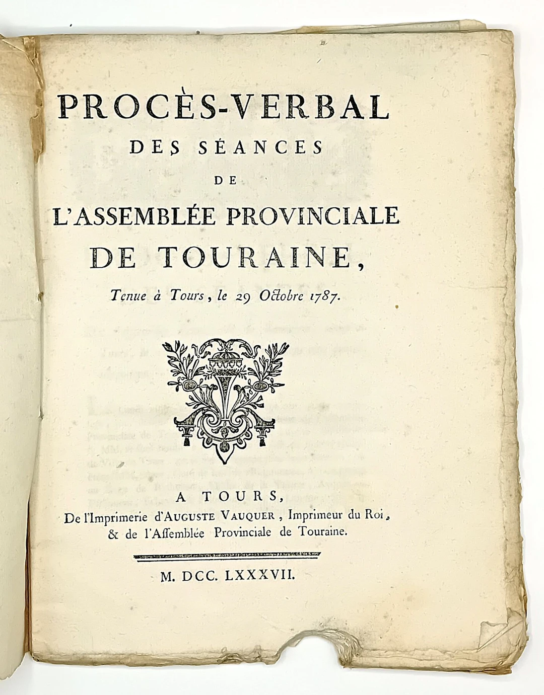 TOURAINE. INDRE-ET-LOIRE. “Minutes of the sessions of the Pr - Lot 123