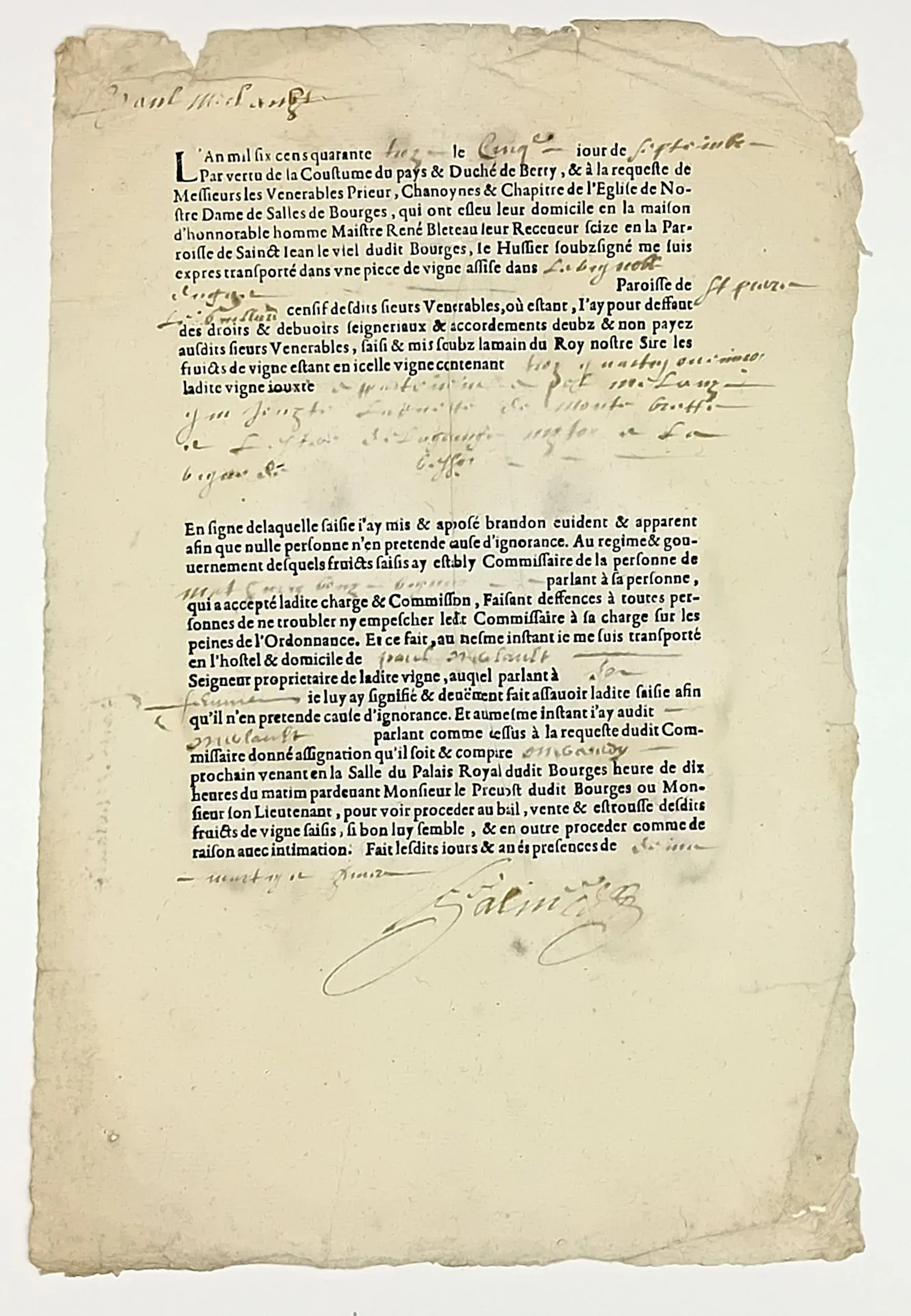 DEAR. Duchy of BERRY. BOURGES, September 5, 1643. “… By virt - Lot 13