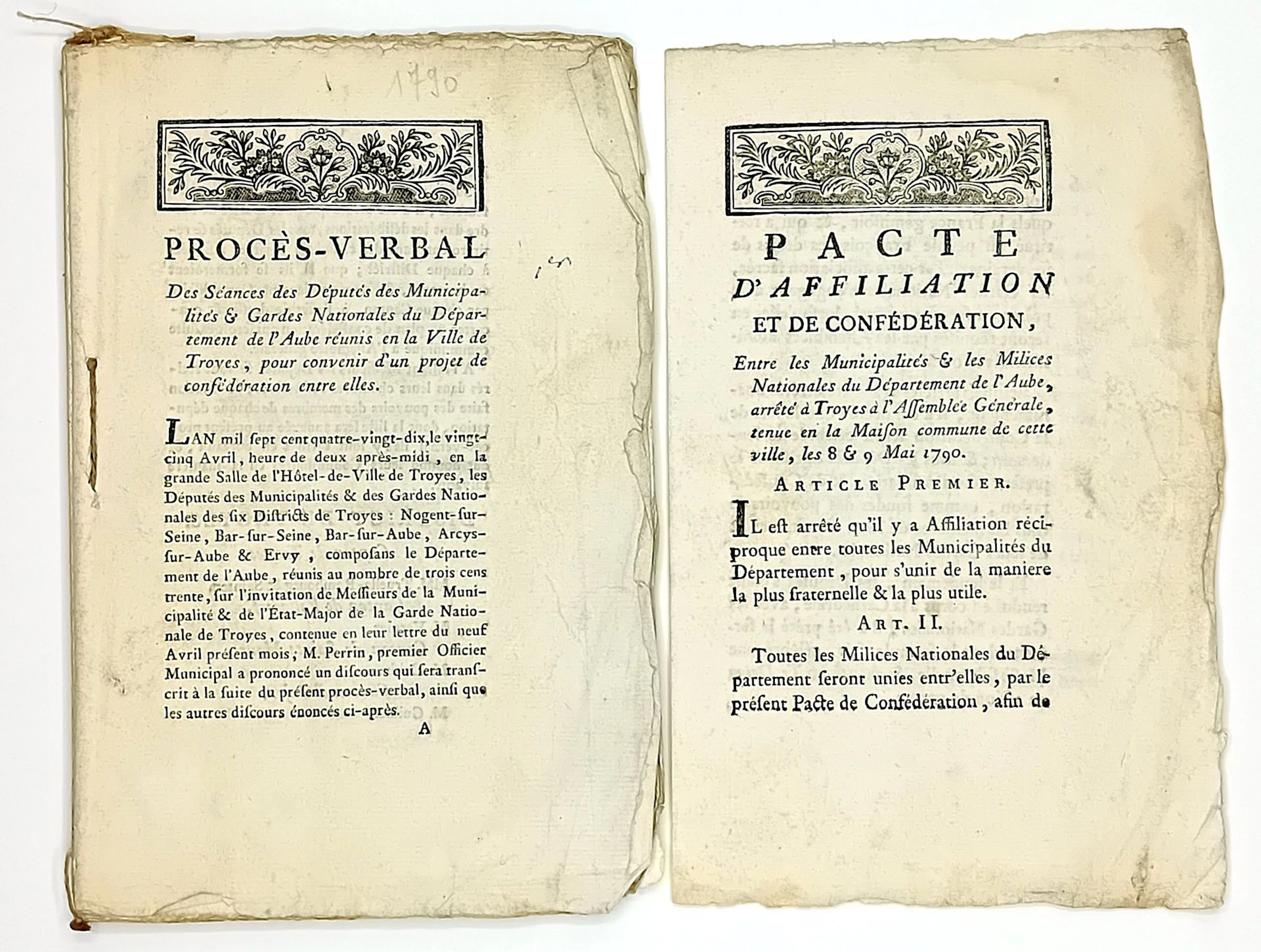 AUBE. 1790. TROYES. 2 IMPRIMÉS de la Révolution: "Procès-Ver - Lot 189