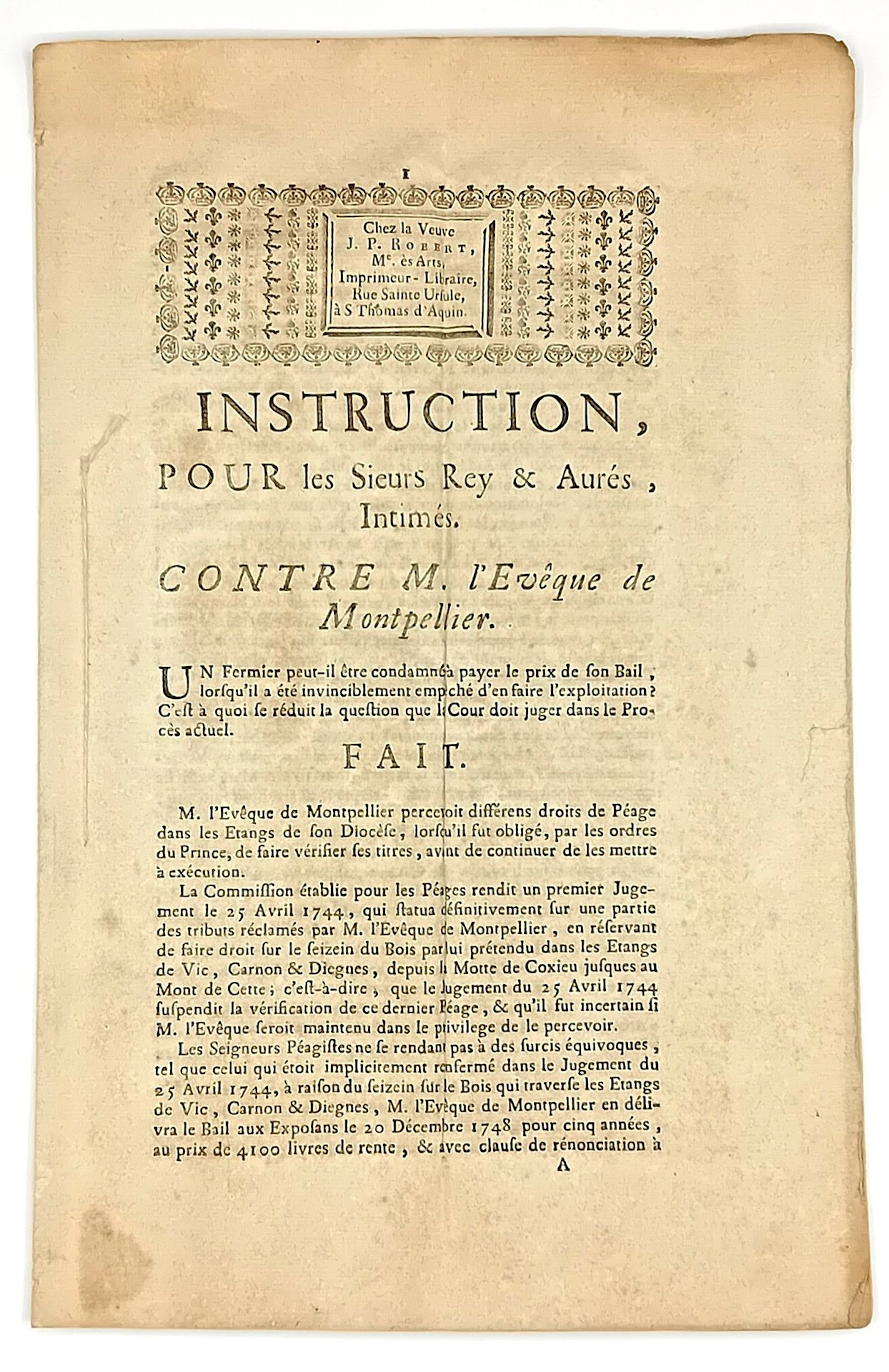 HÉRAULT. TOLL RIGHTS OF THE BISHOP OF MONTPELLIER (34). Laws - Lot 84