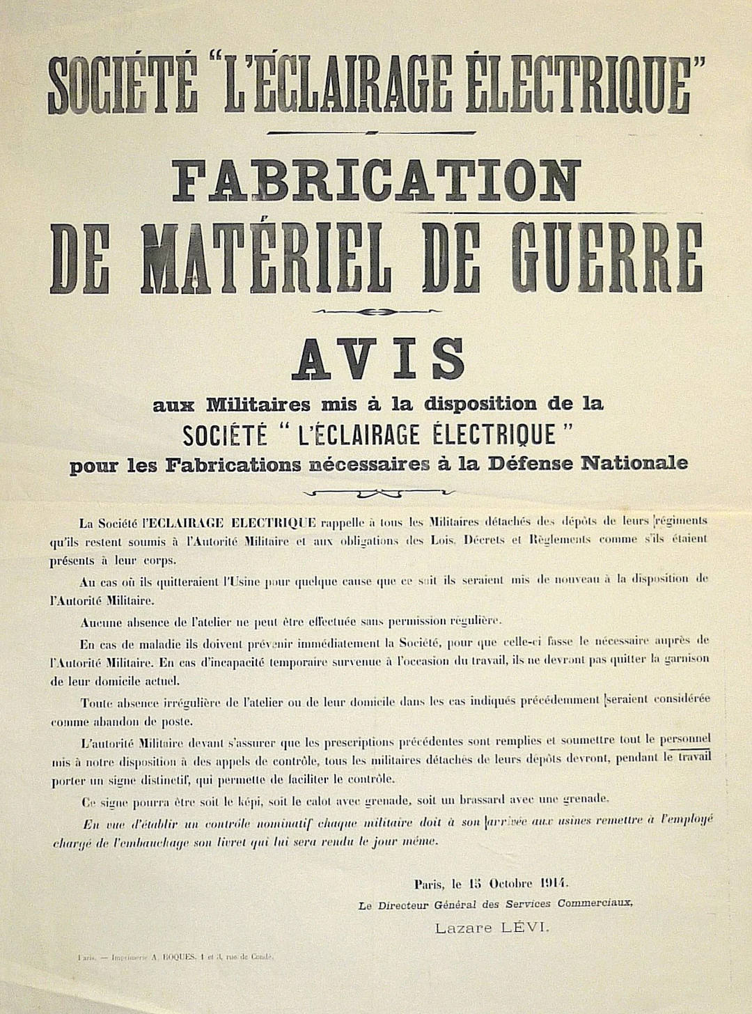 WORLD WAR I (1914–18). PARIS, Oct. 15, 1914. “Notice to Mili - Lot 646