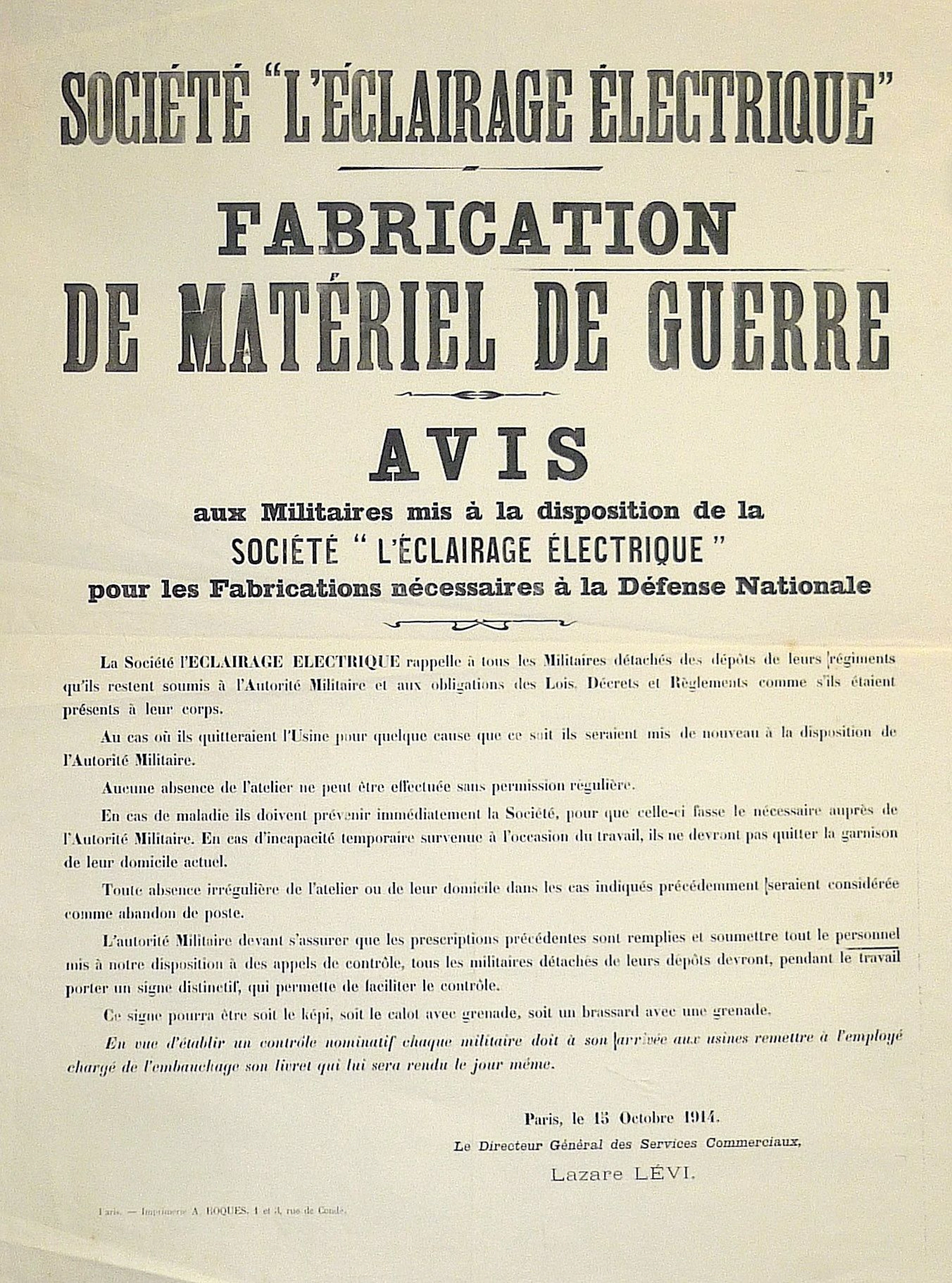 WORLD WAR I (1914–18). PARIS, Oct. 15, 1914. “Notice to Mili - Lot 646