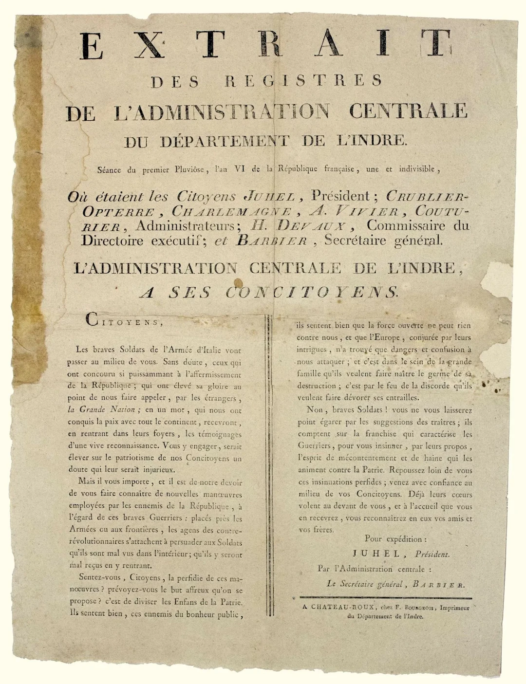 INDRE. "The Central Administration of INDRE, to its fellow c - Lot 263