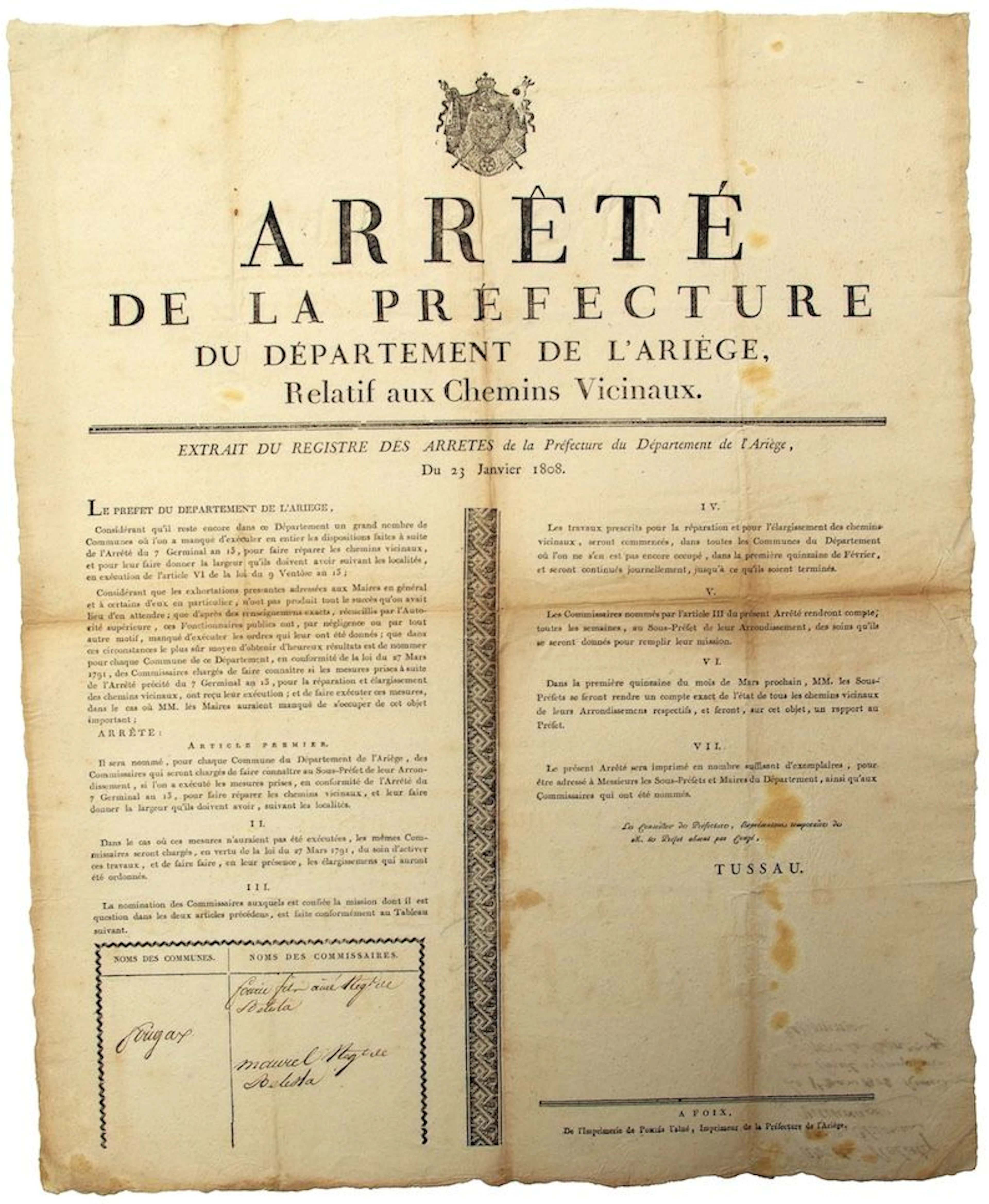 ARIÈGE. CHEMINS VICINAUX. January 23, 1808. Arrêté de la Pré - Lot 369