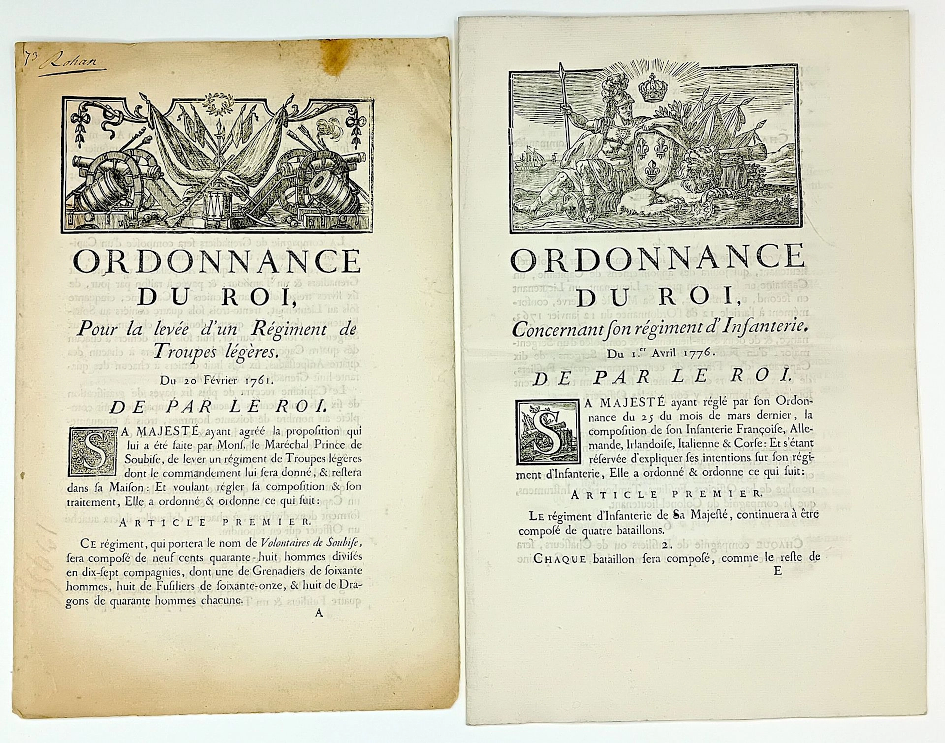 INFANTRY REGIMENTS. 2 Printed Documents: “The King’s Ordinan - Lot 93