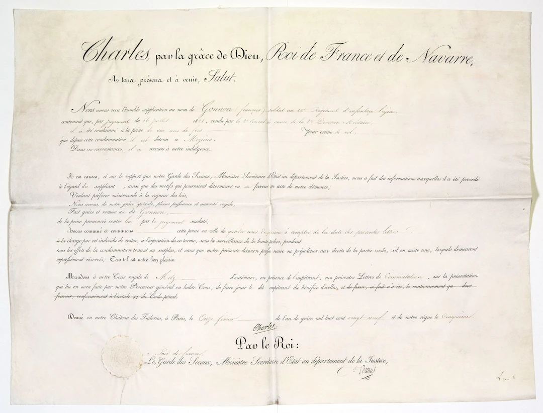 BREVET DE CLÉMENCE signed with the claw of King CHARLES X, c - Lot 472