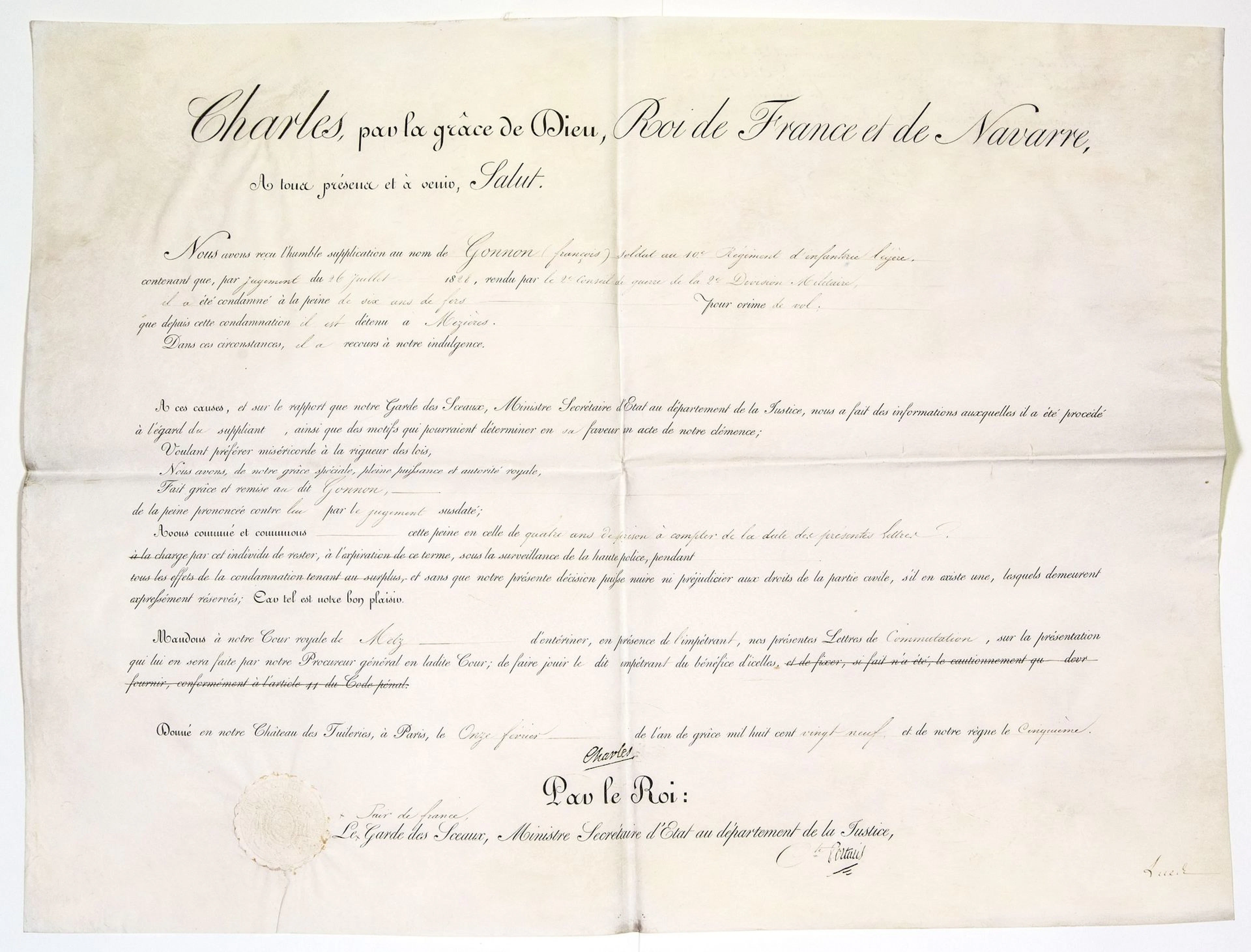 BREVET DE CLÉMENCE signed with the claw of King CHARLES X, c - Lot 472