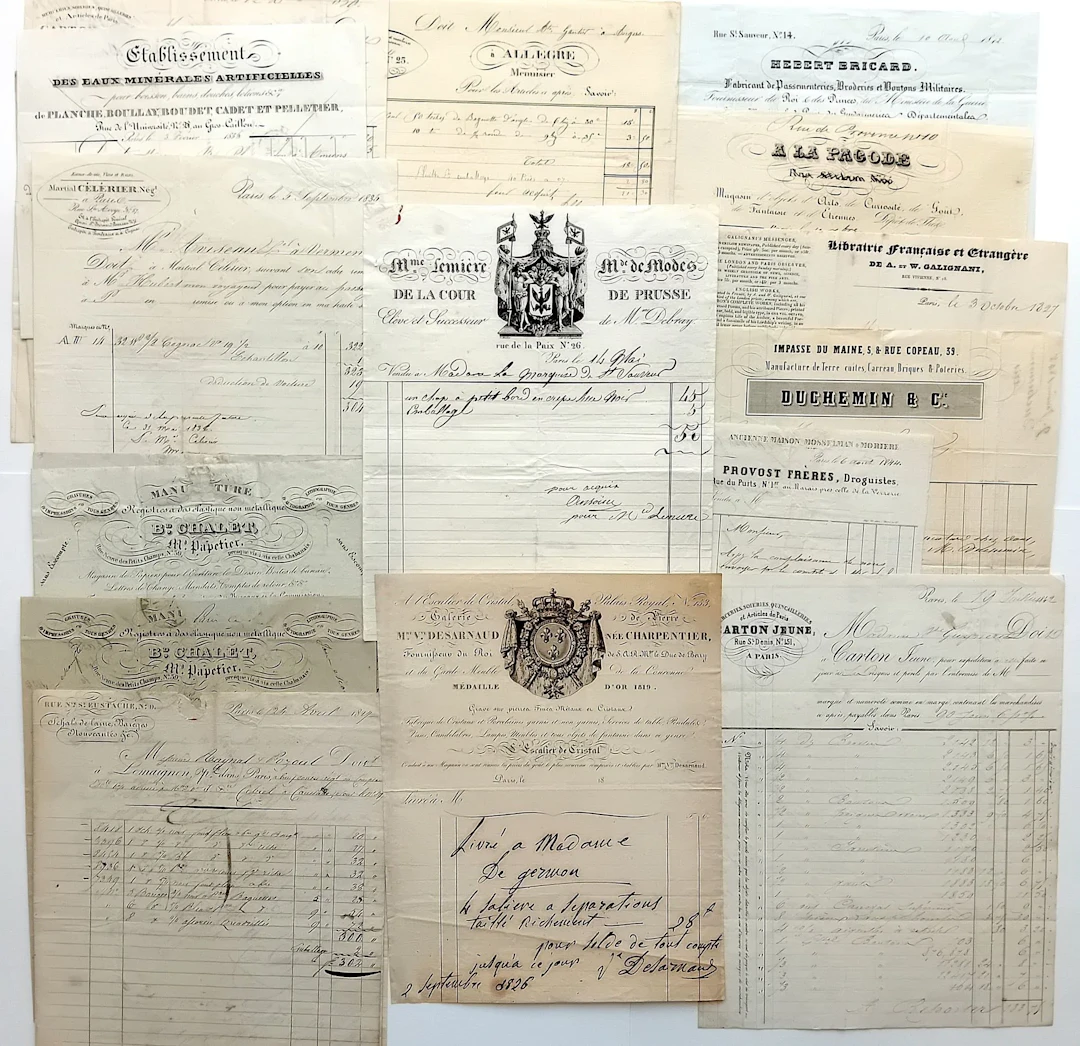 INVOICES FROM PARIS. 17 19th-century invoices, from 1827 to - Lot 479