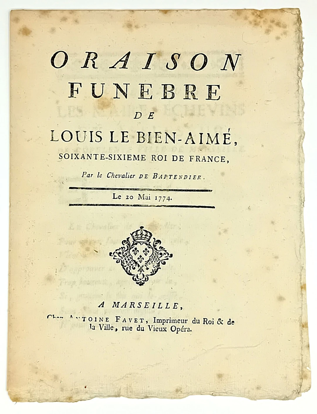 Death of LOUIS XV. "Oraison funèbre de LOUIS LE BIEN-AIMÉ, 6 - Lot 101