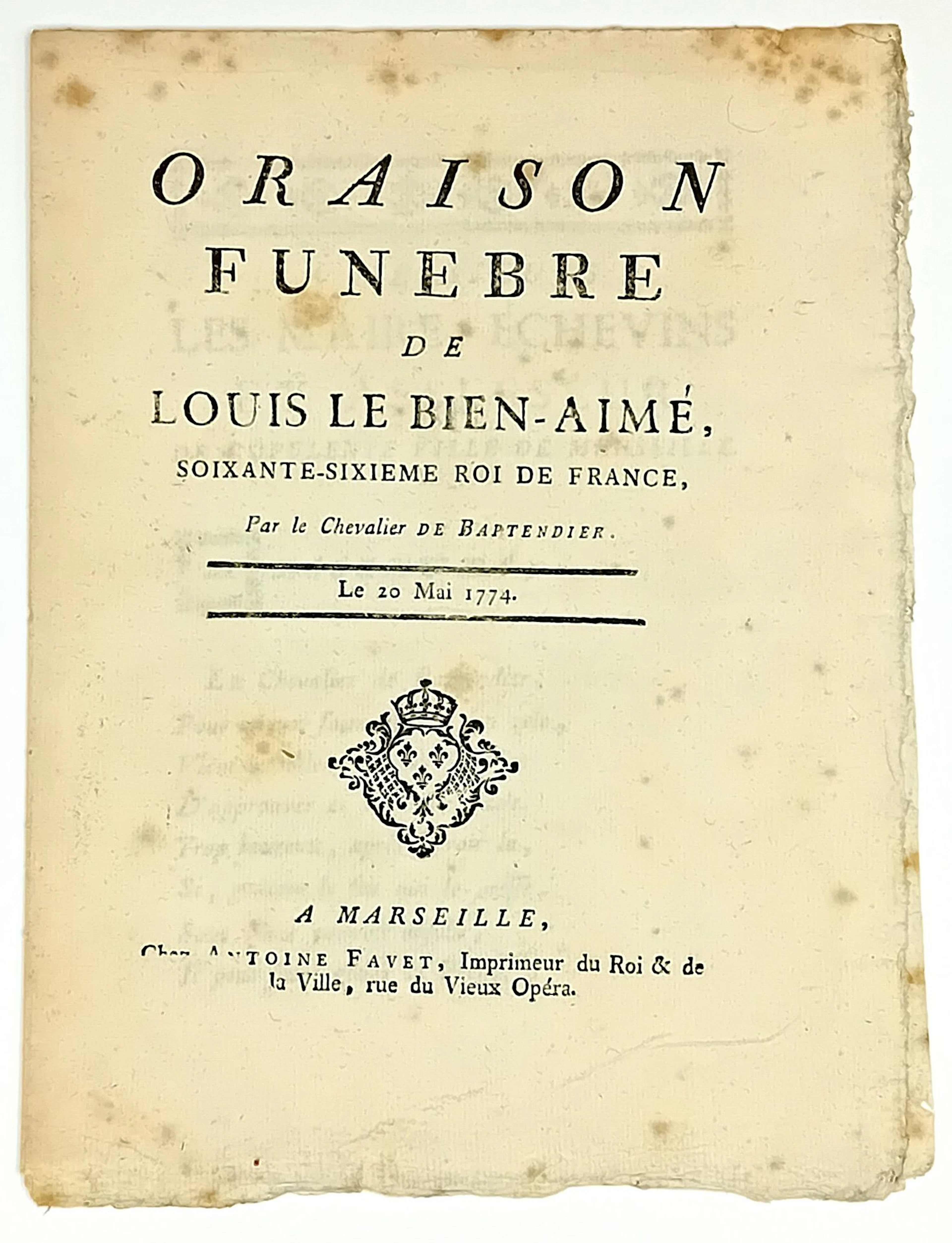 Death of LOUIS XV. "Oraison funèbre de LOUIS LE BIEN-AIMÉ, 6 - Lot 101