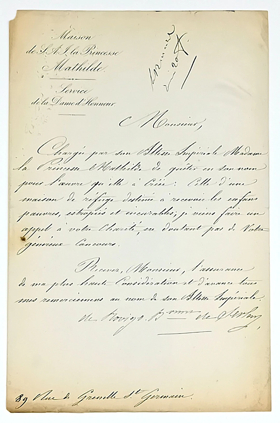 MAISON de S.A.I. la Princesse MATHILDE (En-tête) - Letter si - Lot 572