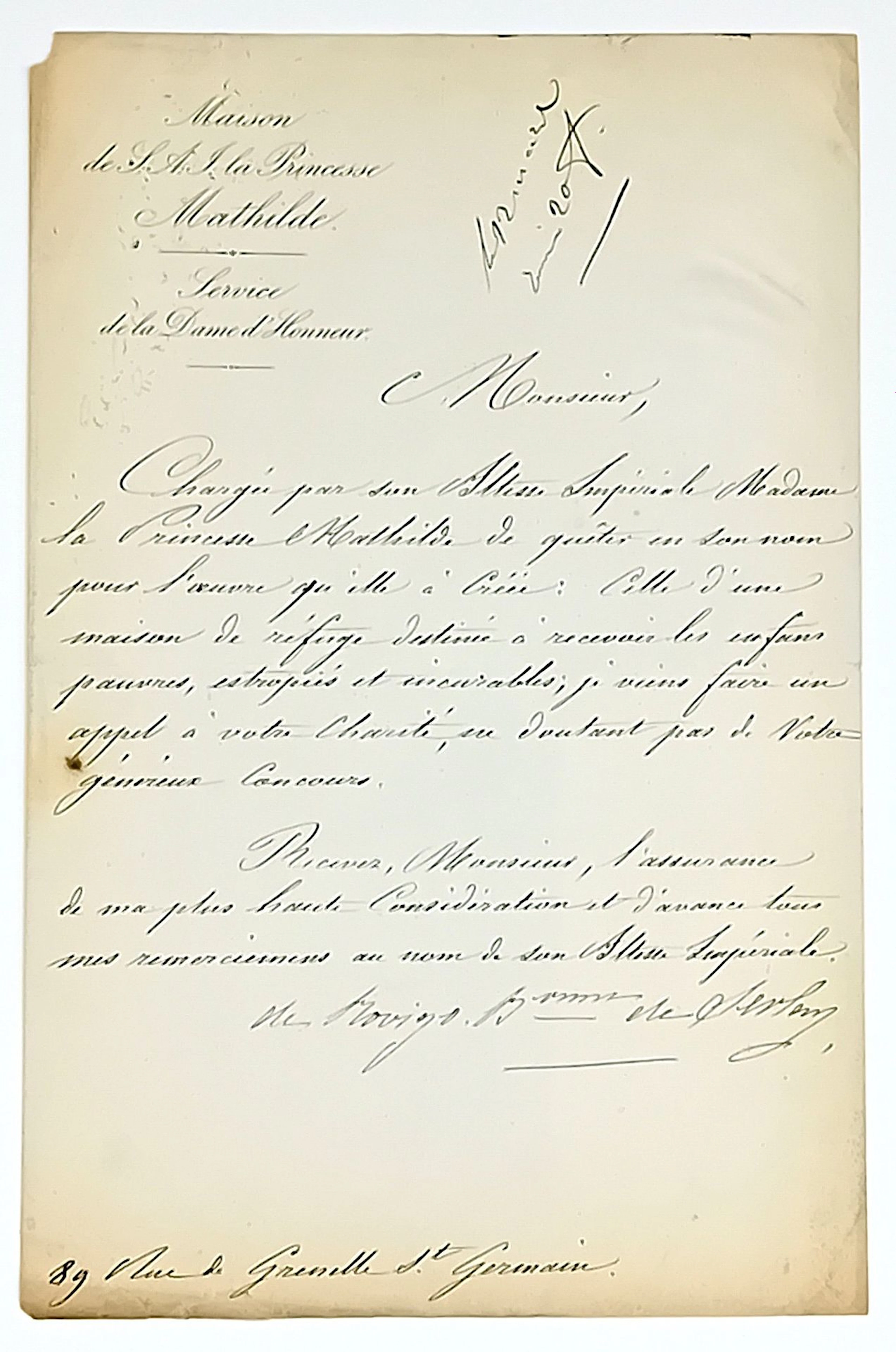 MAISON de S.A.I. la Princesse MATHILDE (En-tête) - Letter si - Lot 572