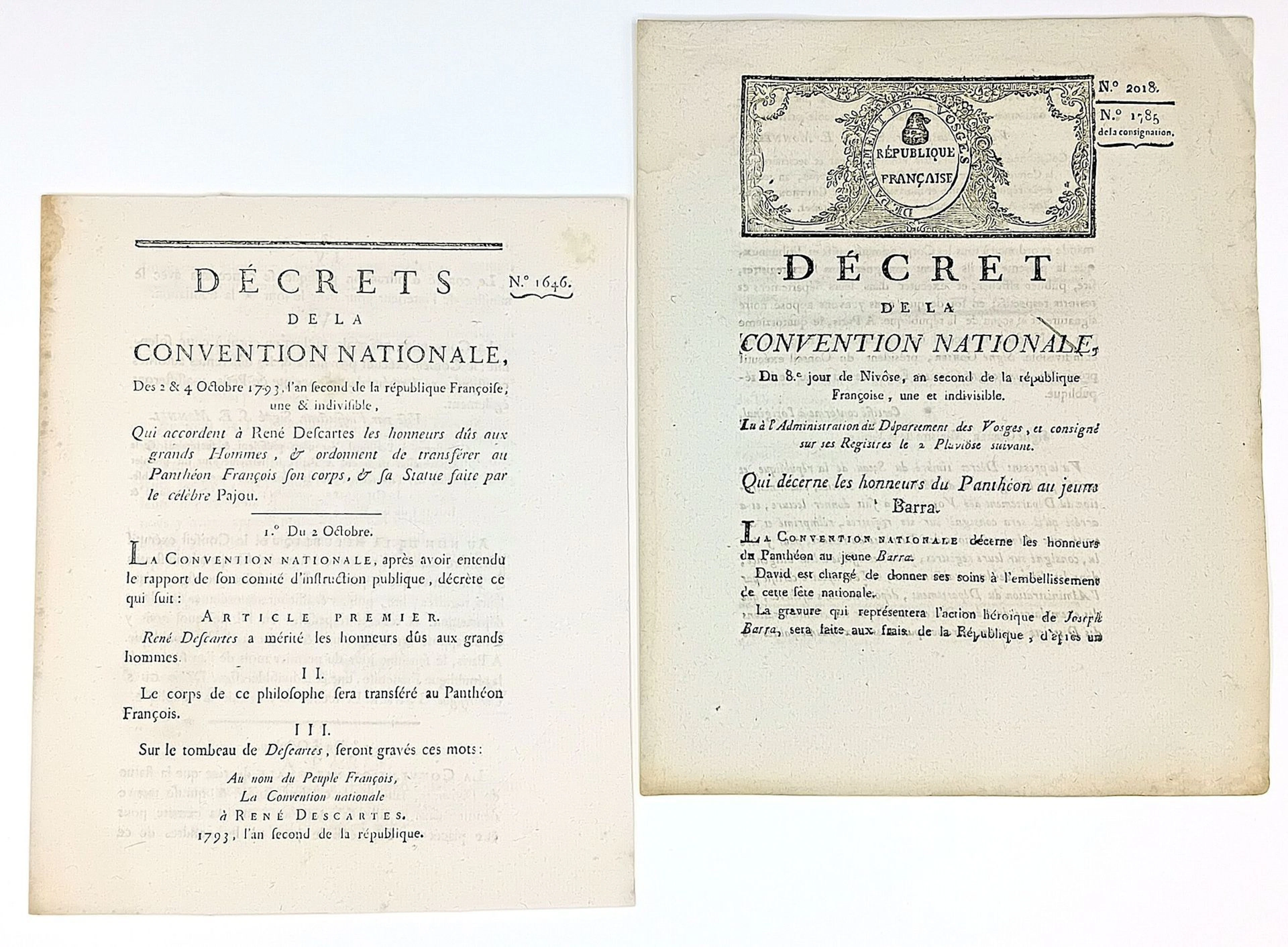 PANTHÉON. 2 DECRETS: René DESCARTES (1596-1650) French Philo - Lot 262