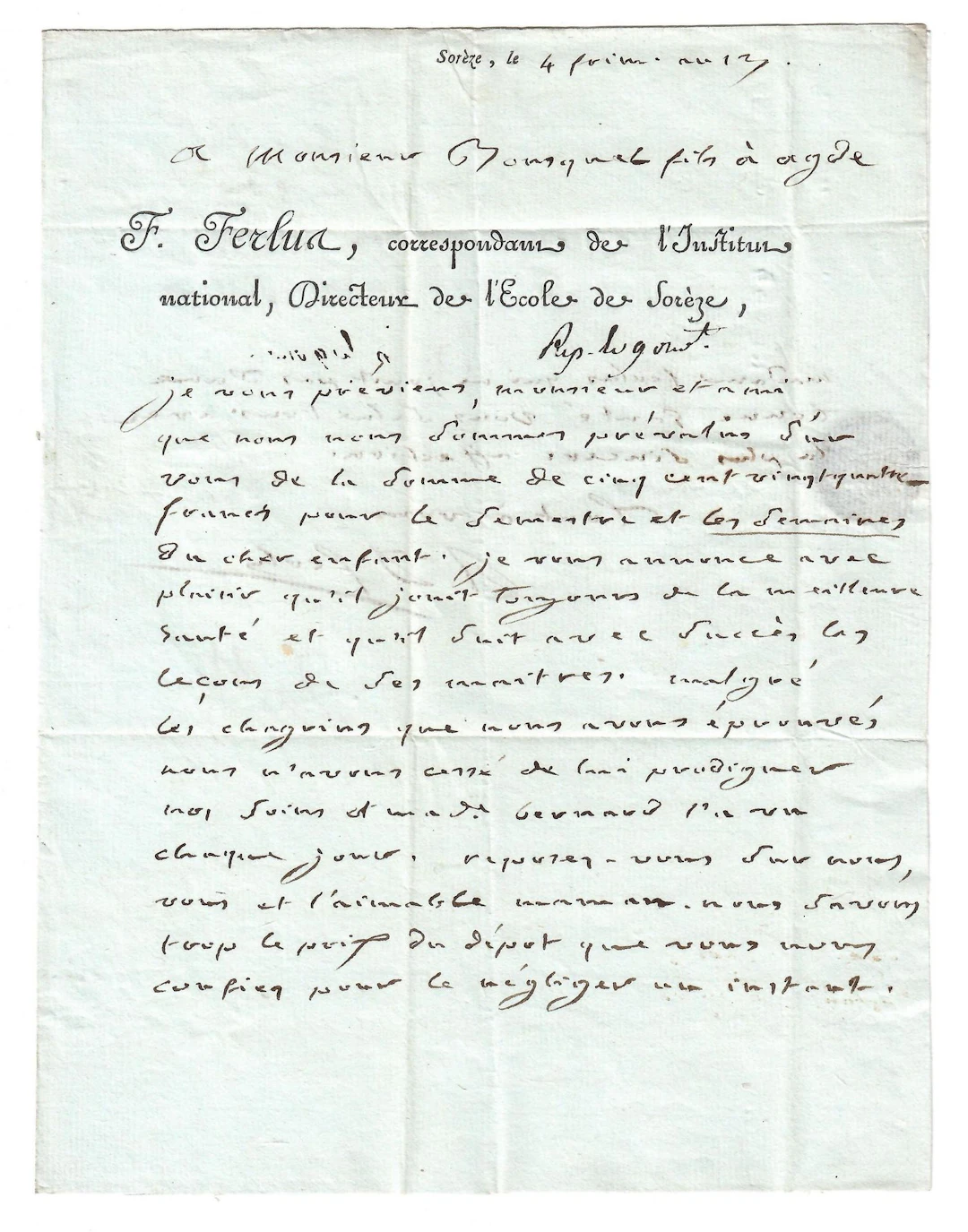 TARN. Letter from A.S. “François FERLUS, Correspondent of th - Lot 340